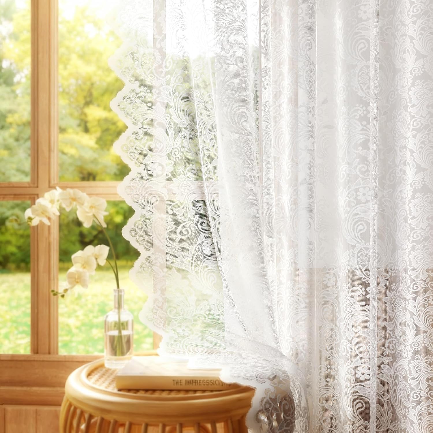Vintage Lace Sheer Curtains 63" 2 Panels White, Elegant Floral Soft Fabric, Scalloped Edge, Easy Install Rod Pocket Drapes for Bedroom Living Room & French