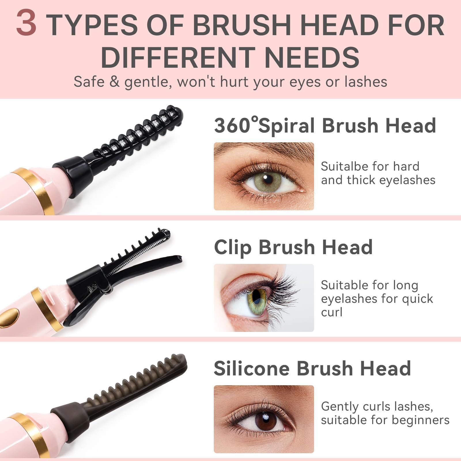 360° Heated Lash Brush Rechargeable with 3 Brush Heads & 3 Temp & 5s Fast Heating【Lengthen/Define/Curler】 3-in-1 Lash Curler for All Types of Lashes 【pink】 — image 2