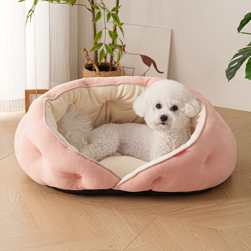 Semi-Enclosed Pet Bed with Plush Comfort and Anti-Slip Base – Ideal for Cats and Small to Medium Dogs Seeking a Cozy, Secure Sleep Spot for All Seasons (L