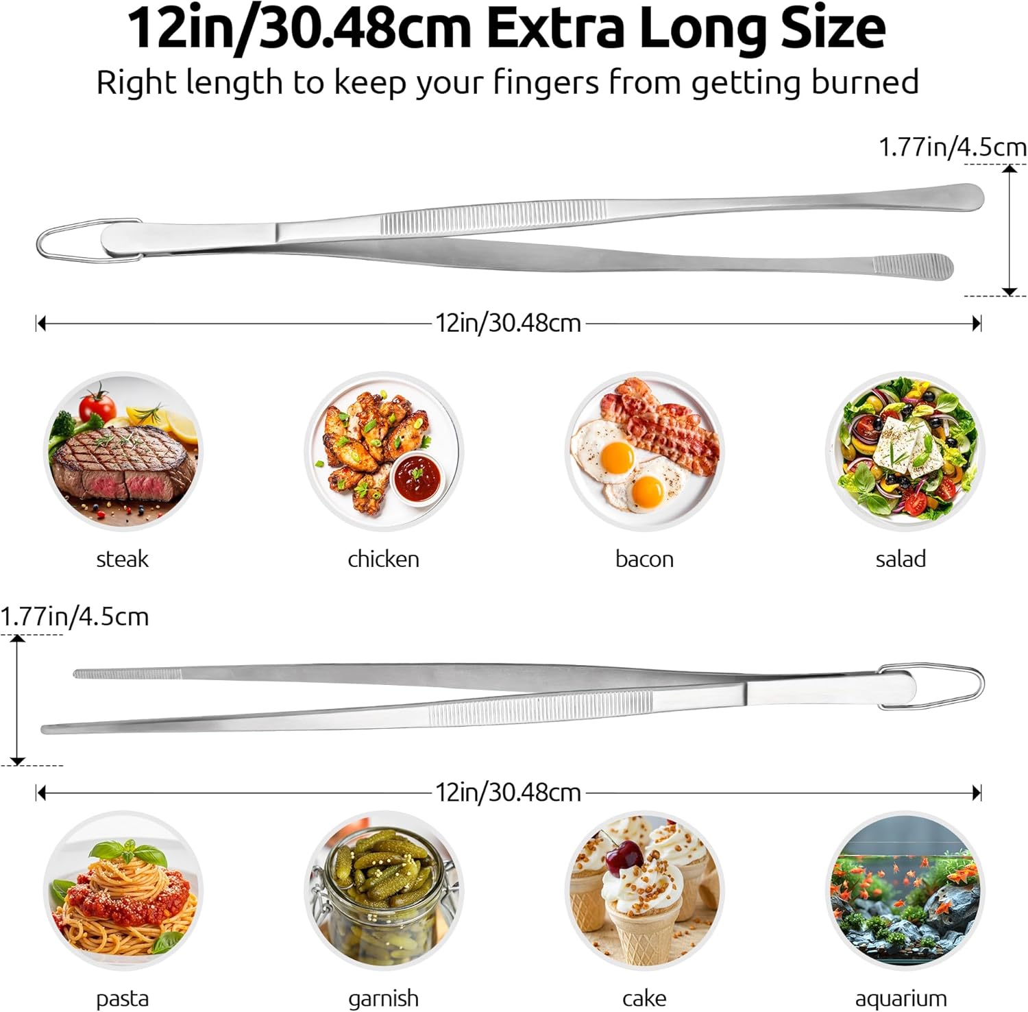 600ºF Heat Resistant 16in Silicone Cooking Tongs with Non Stick Rubber Tips (Black) and 12" Kitchen Tweezer Set: 18/8 Stainless Steel Food-Grade Metal Food — image 3