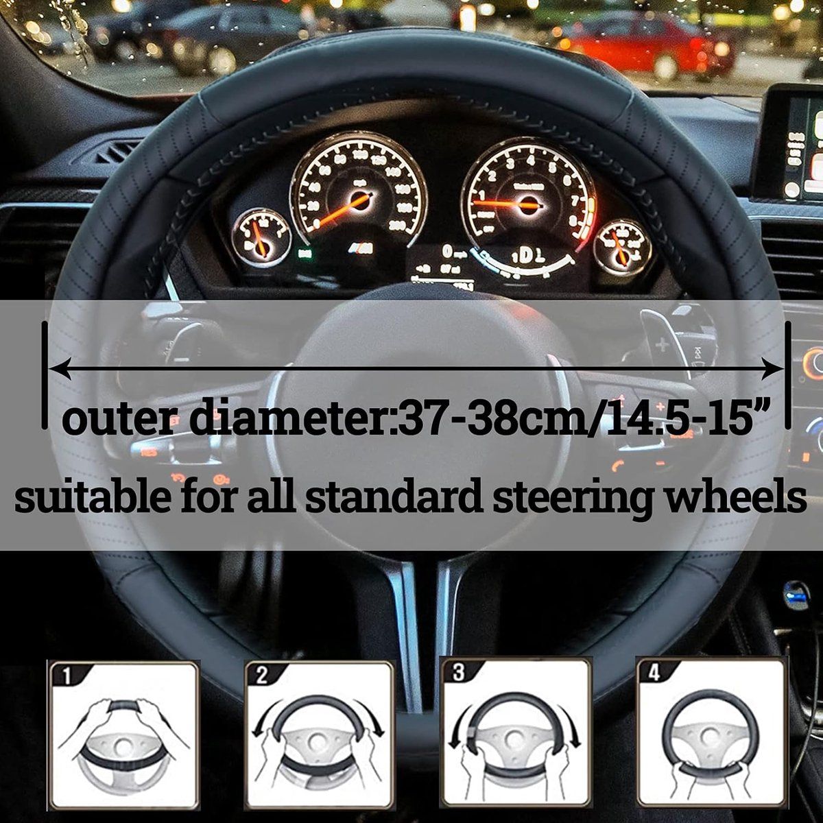 Steering Wheel cover, Leather steering wheel cover for the car steering wheel 37 to 38 cm, anti, slip, universal, black โ image 4
