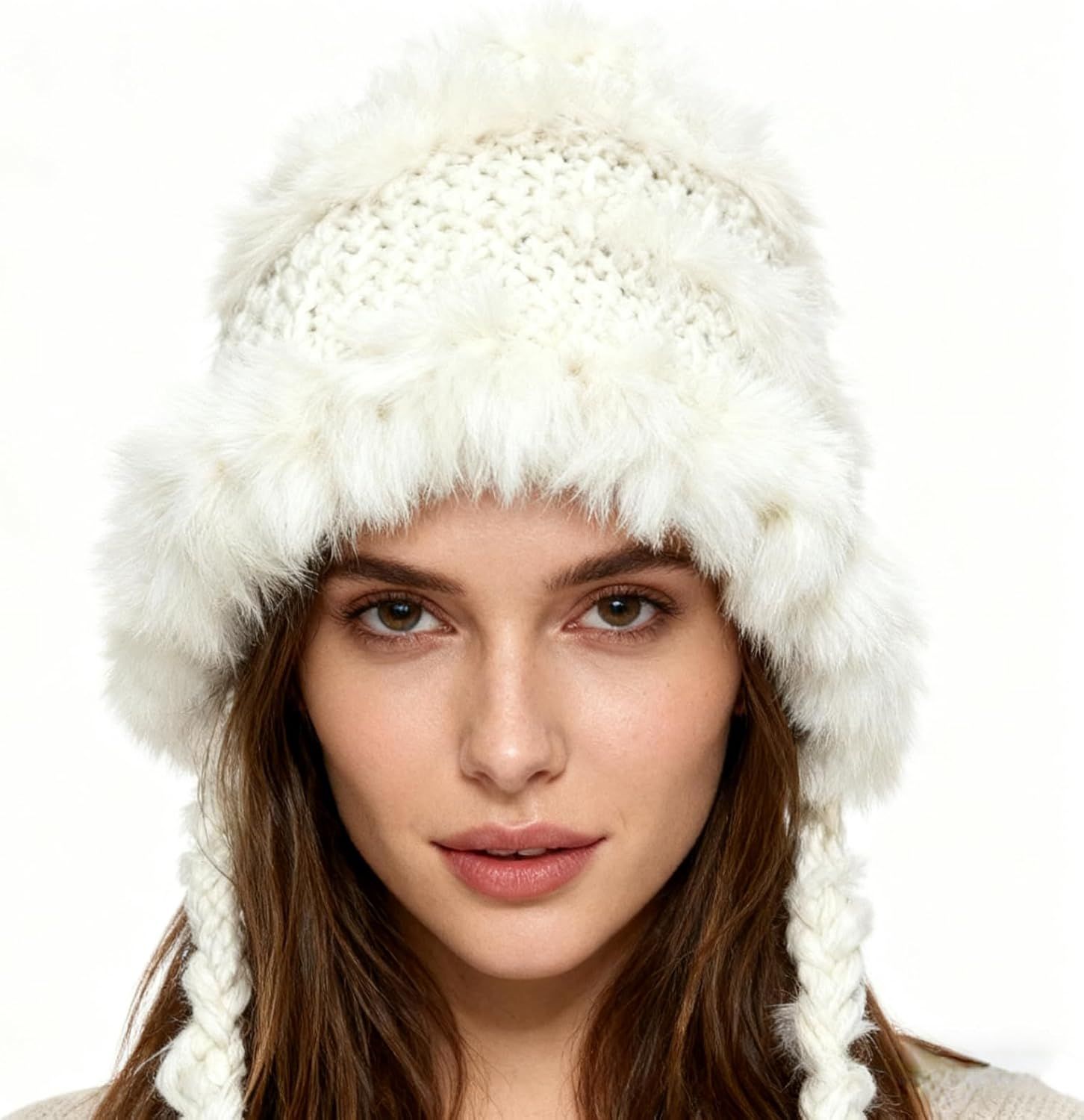 Women's Thick Rabbit Fur Knit Beanie Hat with Nordic Braids for Winter Warm, Ear Protection Thermal Headwear — image 2