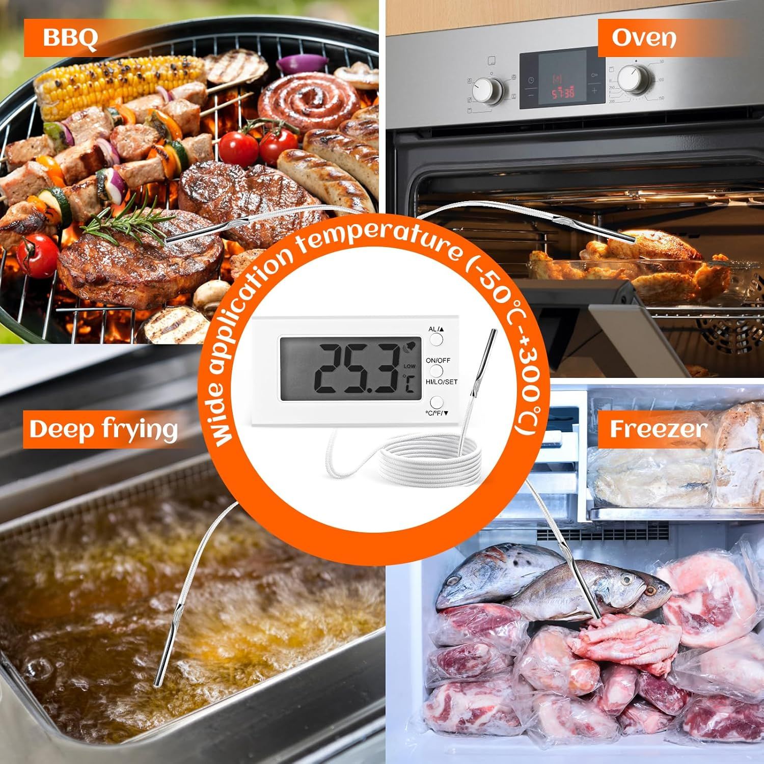 2 Packs Digital Oven Thermometer -58°F to 572°F/-50°C-300°C, Thermometer with Probe, High Low Temperature Alarm, LCD, White — image 5