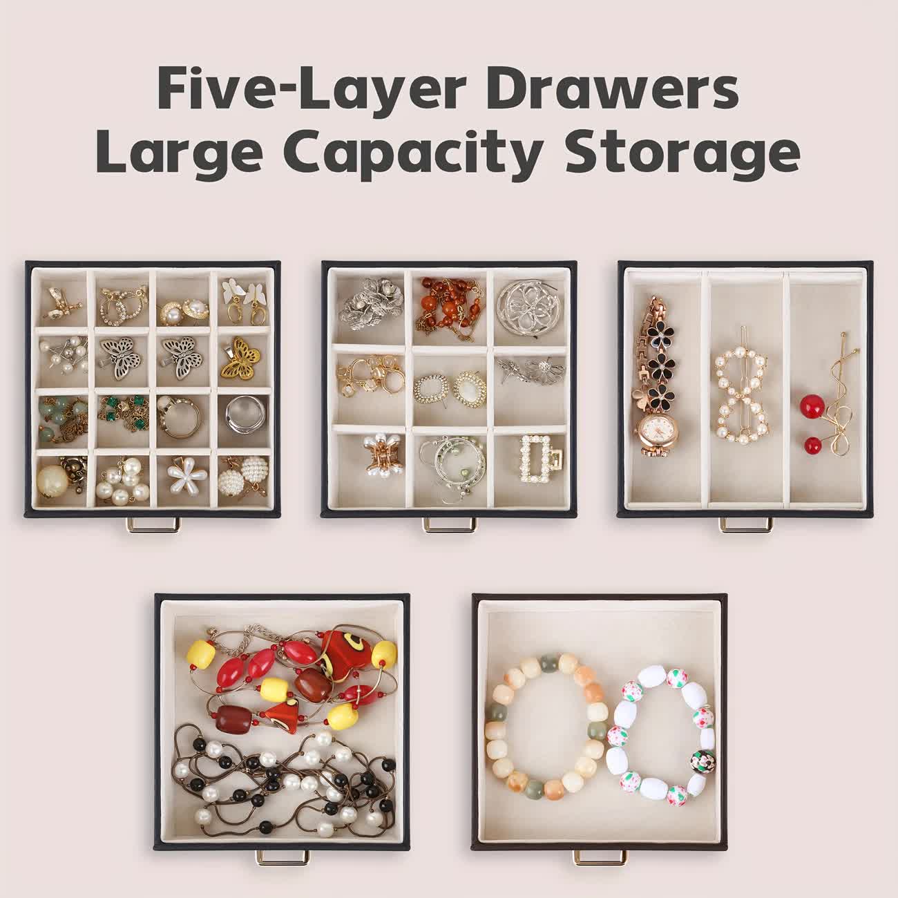 Women's Multi-functional Jewelry Box: Built-in Mirror, Multi-layer Drawer Storage, Side Hooks to Prevent Tangling and Protect Accessories.black — image 5
