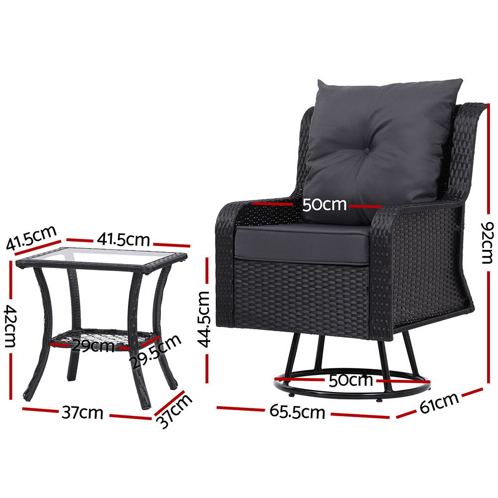 Gardeon 3PC Outdoor Furniture Bistro Set Lounge Wicker Swivel Chairs Table Cushion Black โ image 3