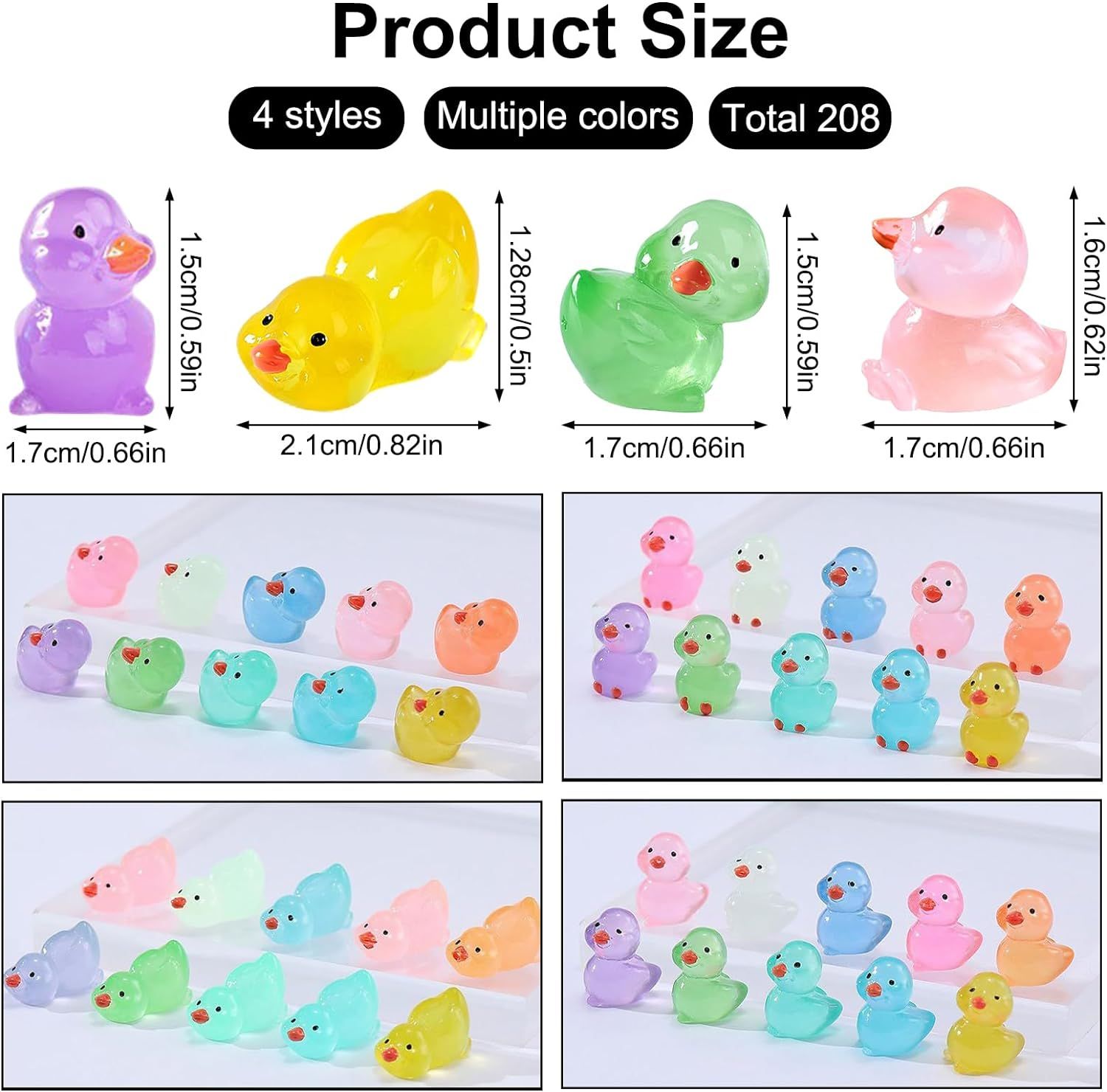 208 Pcs Mini Resin Duck Tiny Glow in The Dark Ducks Luminous Miniature Duck Figures Dollhouse Ornament Potted Plants Cake DIY