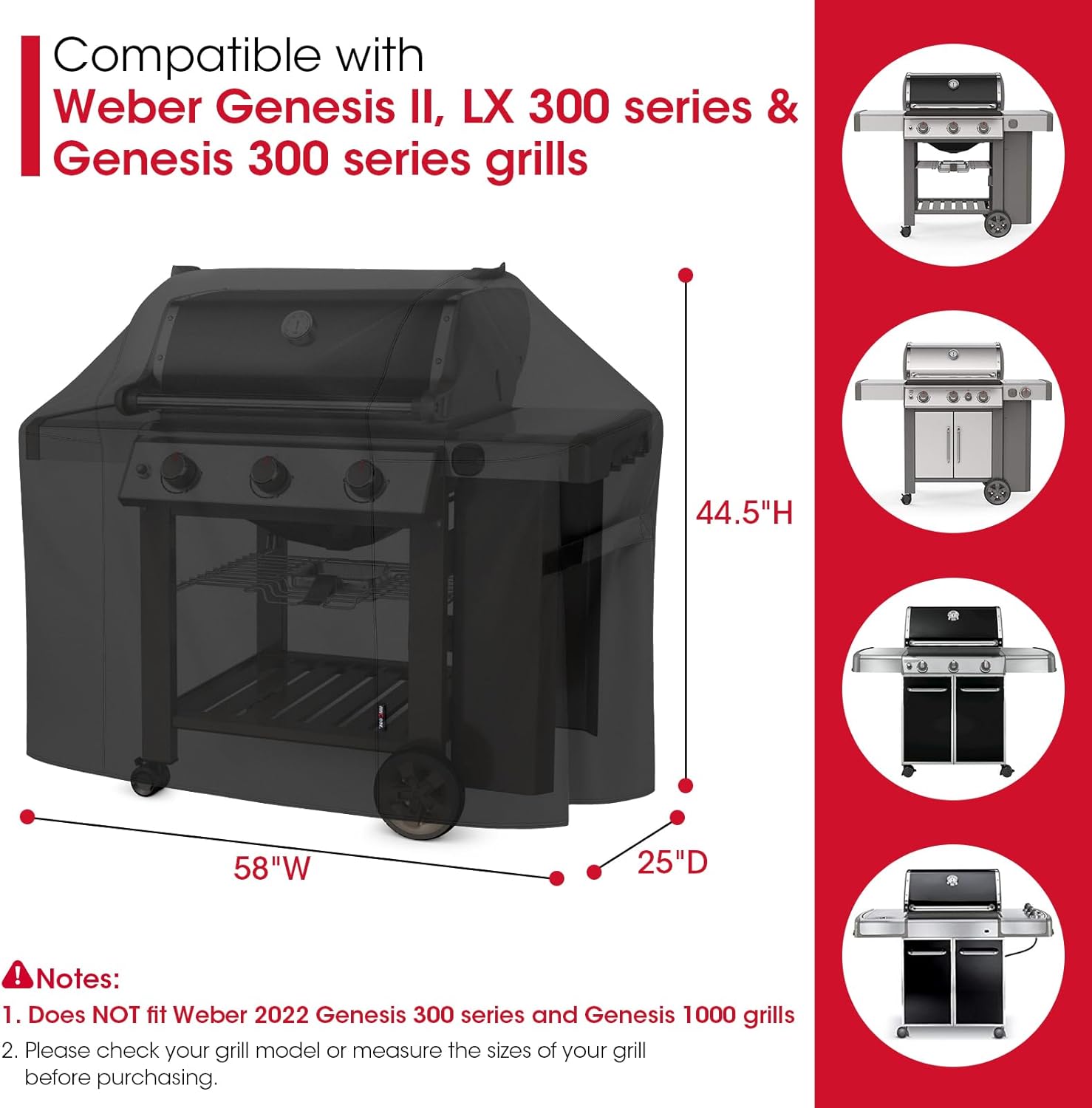 58 Inch Grill Cover for Weber Genesis II, LX 300 Series and Genesis 300 Series Gas Grills, Heavy Duty Waterproof Fade Resistant BBQ Cover, All Weather — image 2