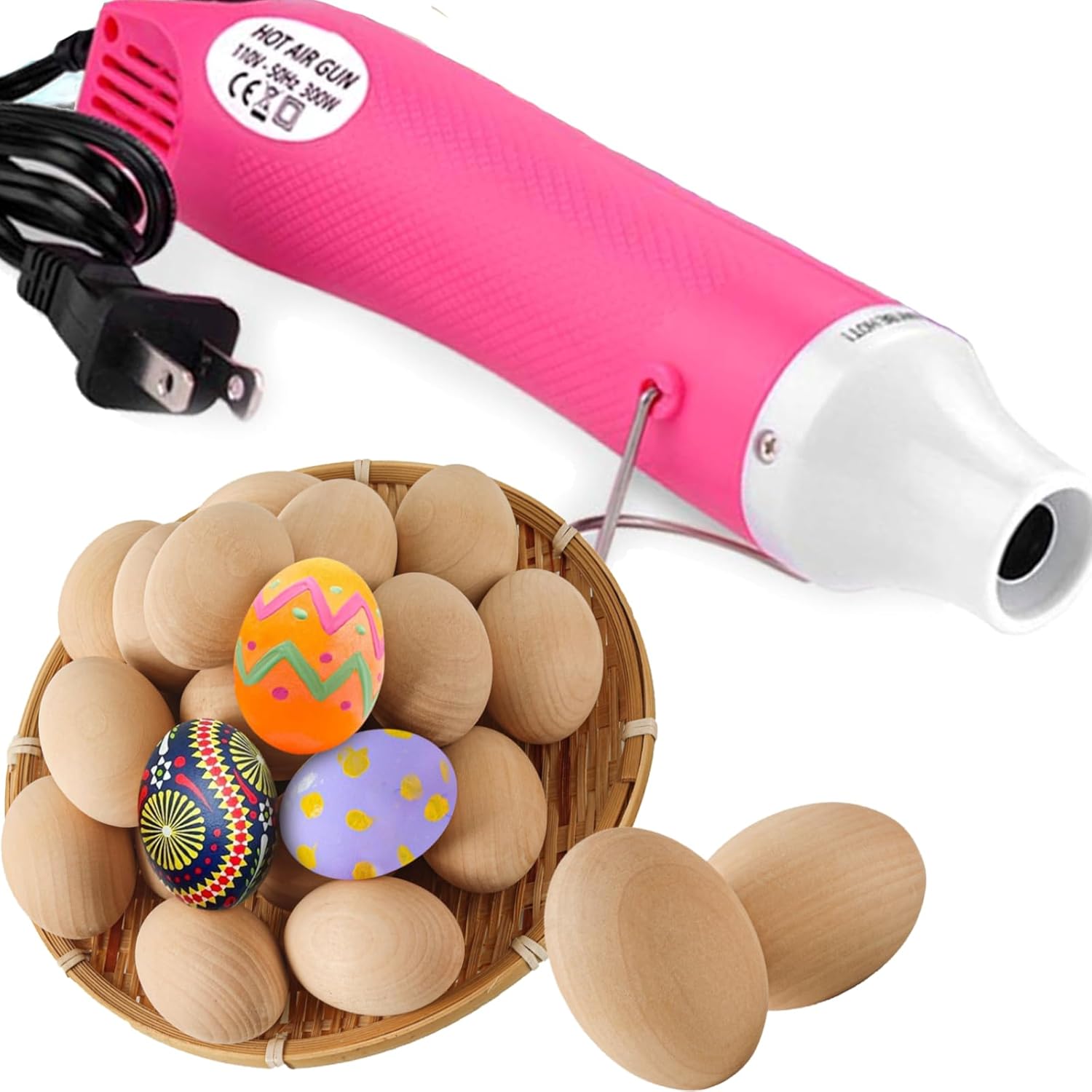 Pink Heat Gun for Crafts and (24-Pack) Easter Eggs Life-Size Wooden Egg for Painting