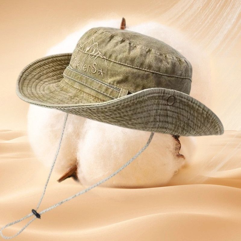 Vintage Washed Embroidered Bucket Hat, Wide-Brim Sun Hat with Drawstring for Hiking and Outdoor Activities - Blue β image 4