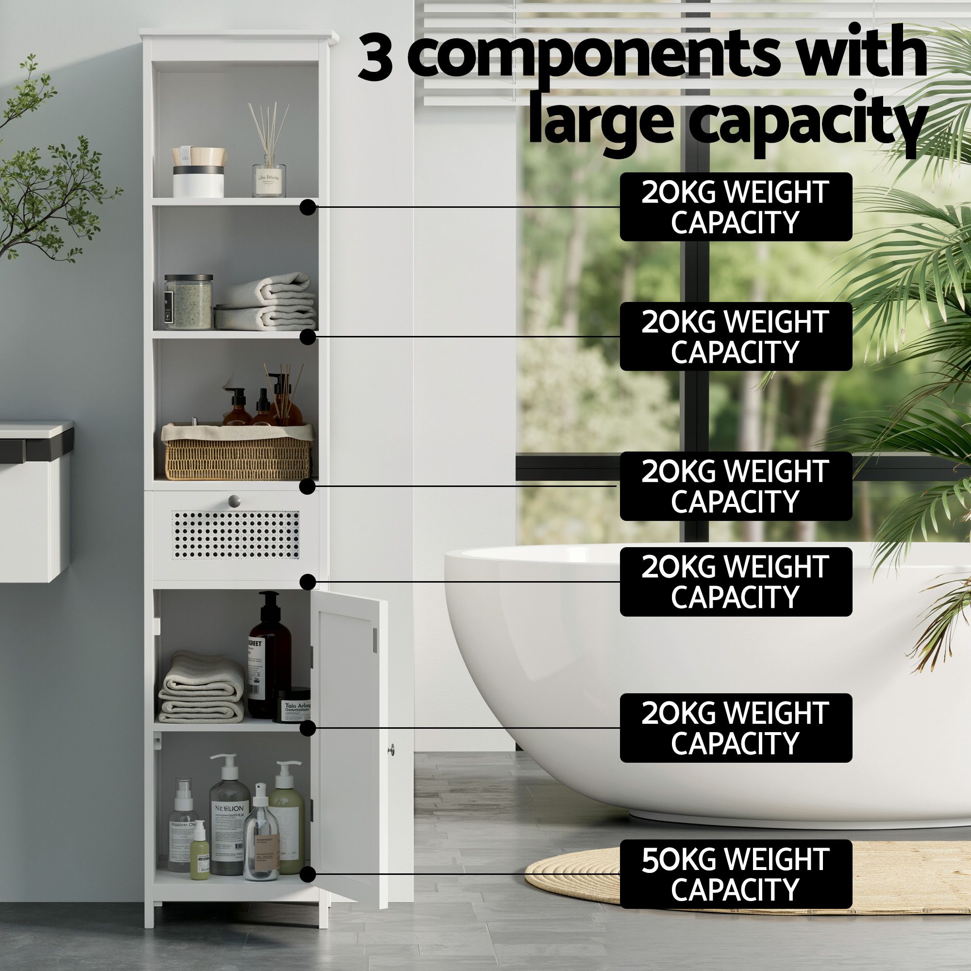 Artiss Bathroom Cabinet Storage X2 White Rattan 161cm โ image 5