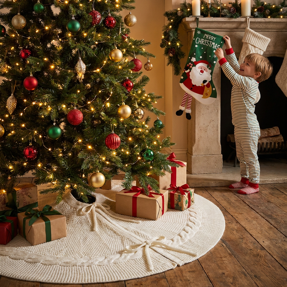 White Knitted Christmas Tree Skirt & Santa Stocking Combo Set Festive Holiday Home Decor Reusable Xmas Decoration Fireplace Tree Base Cover Gift Ready Seasonal โ image 3