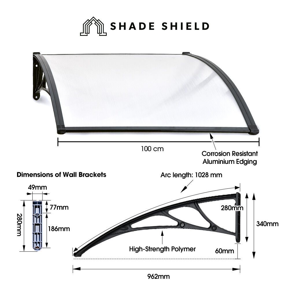 SHADE SHIELD 1x1m Aluminium Exterior Awning, Black DIY External UV Rain Protection Clear Polycarbonate Canopy Cover โ image 2