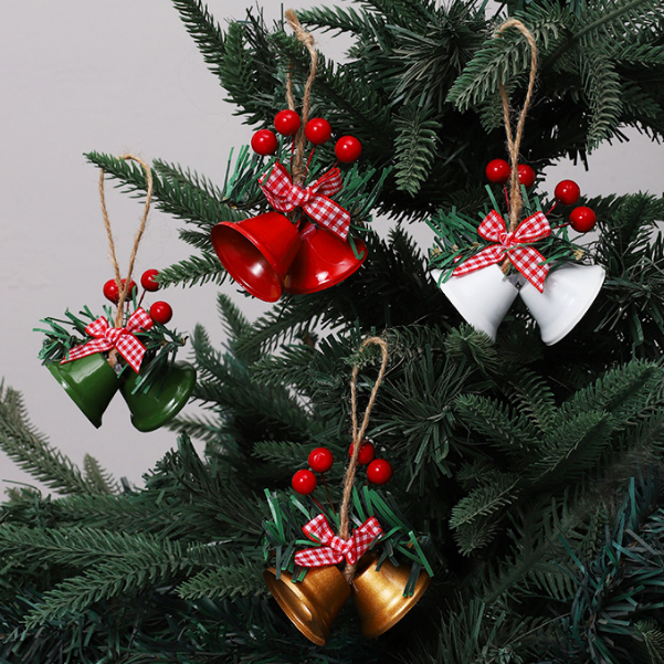 Christmas Bell Ornaments, 6Pcs Xmas Double Bells Hanging Decorations with Red Berries, Plaid Bow & Pine Needles, Holiday Home Party Wreath Decor โ image 4