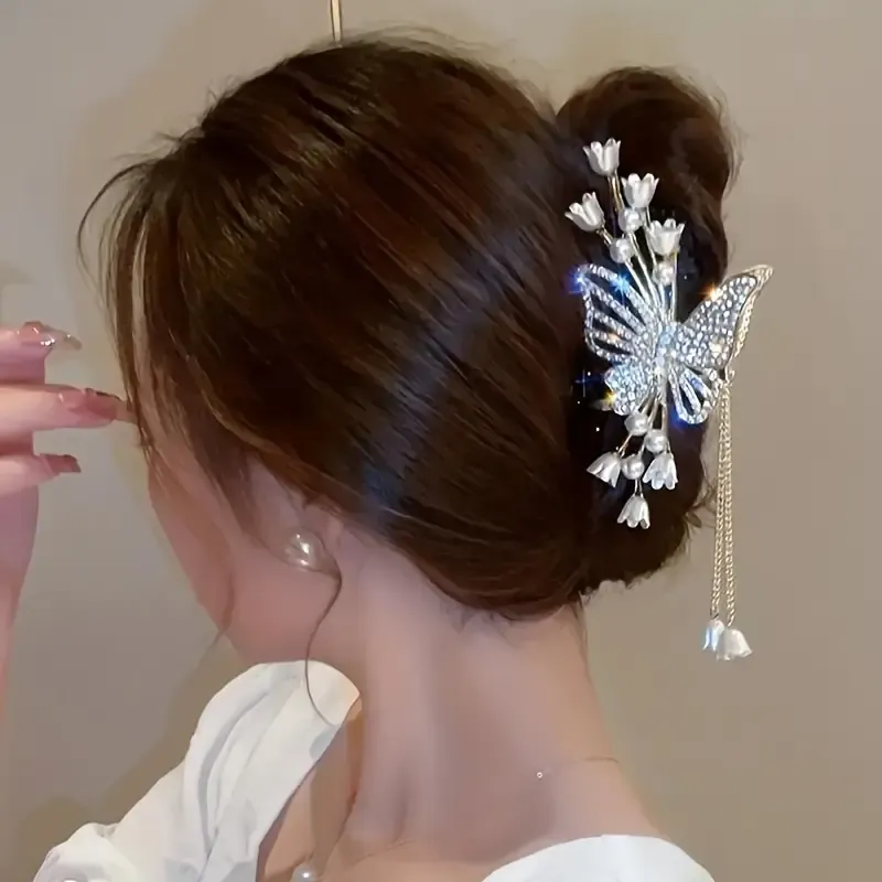 【Alloy Butterfly Tassel Claw Clip】 Fully Rhinestone-Encrusted Lily-of-the-Valley Pearls, Cascading Metal Tassels, Perfect for Updos, Buns & Side Clips — image 6