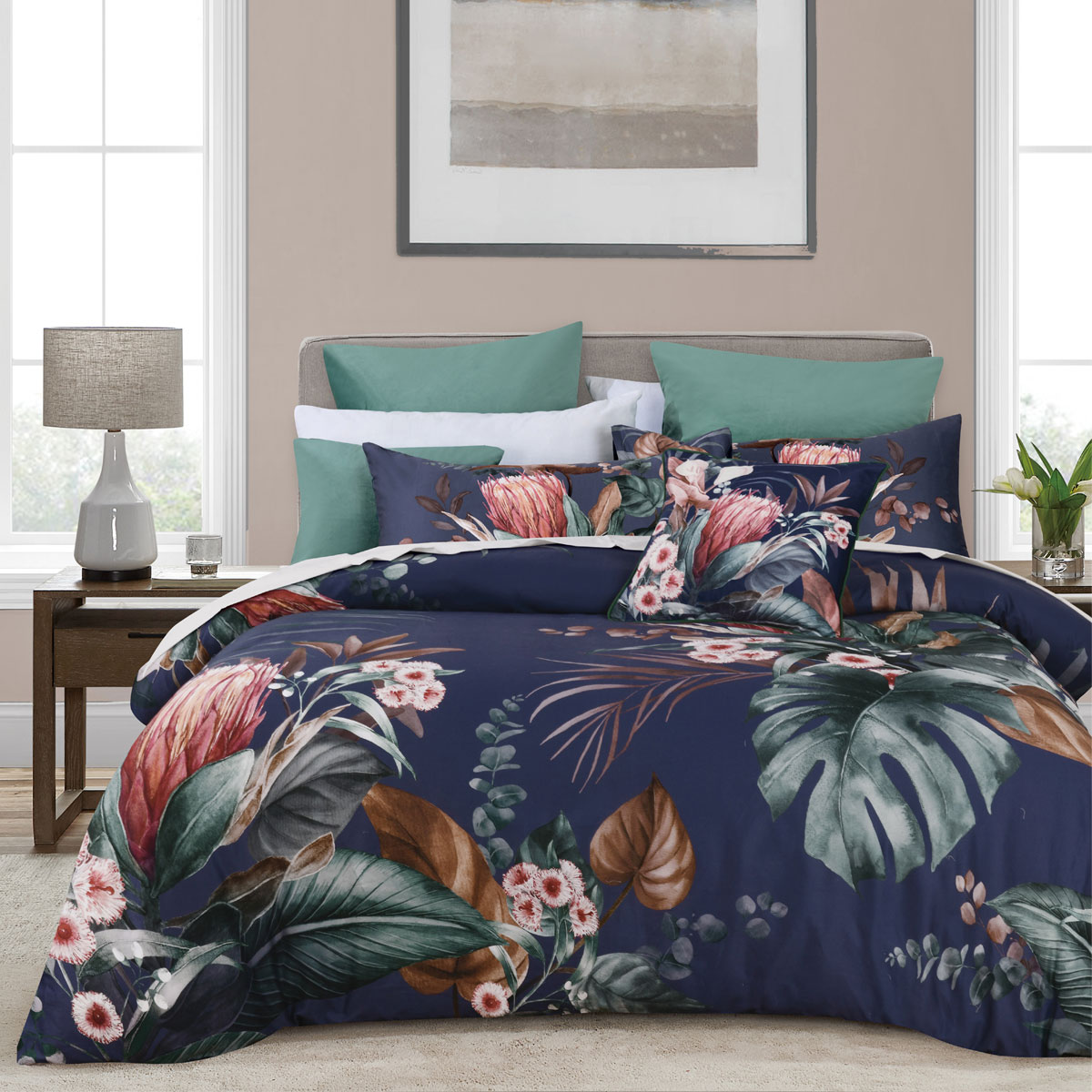 Bianca Balwyn Navy Cotton Sateen Botanical Quilt Cover Set Queen