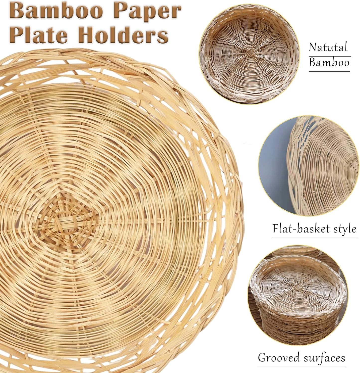 8 Pack Bamboo Paper Plate Holders, 10 Inches Reusable Wicker Charger Plates for Dinner Plates Natural Hand Woven Wicker Paper Plate Baskets for Home Party — image 4