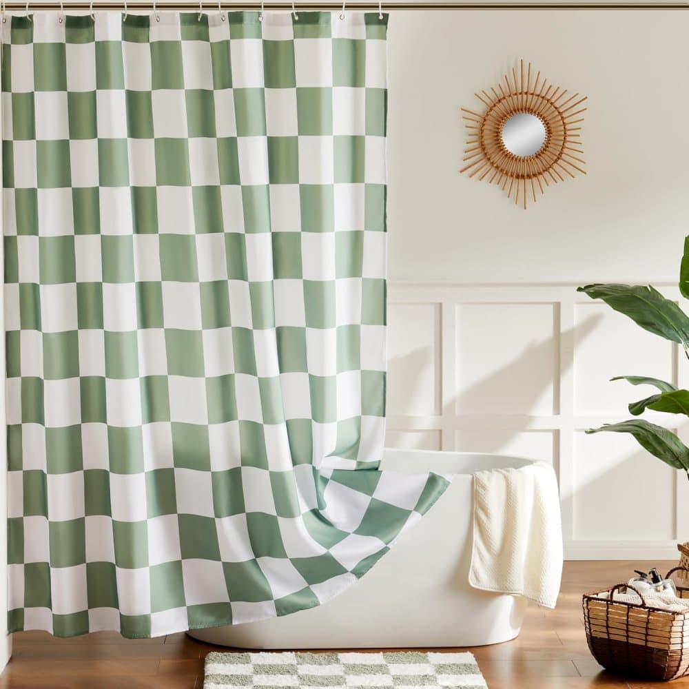 Green Checkered Shower Curtain with Retro Chess Pattern, 180 × 180 cm — image 2