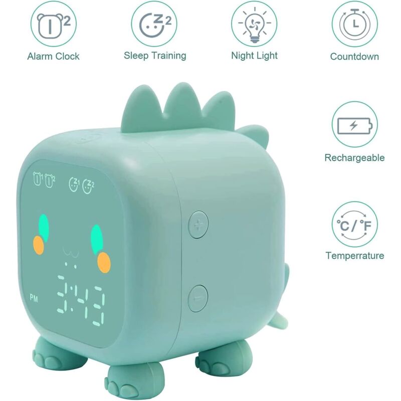 Cute Kids Alarm Clock, Multifunctional Adjustable Night Light Countdown Snooze Voice Control Rechargeable Clock (Green) โ image 2