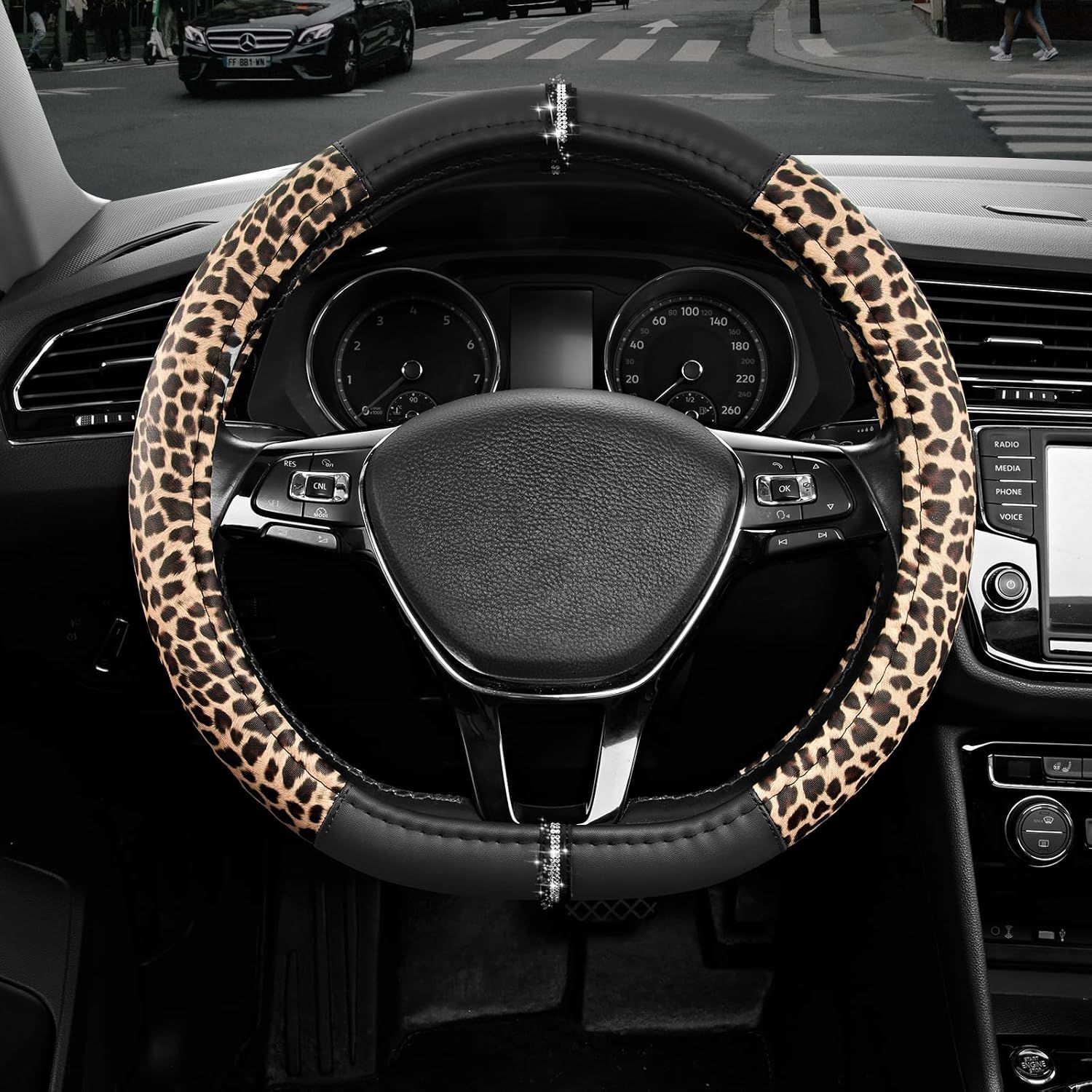 Leopard Steering Wheel Cover for Women, Cute Anti-Slip Microfiber Leather, Fits D Shape Flat Bottom Steering Wheel 14.5-15 Inch - Black