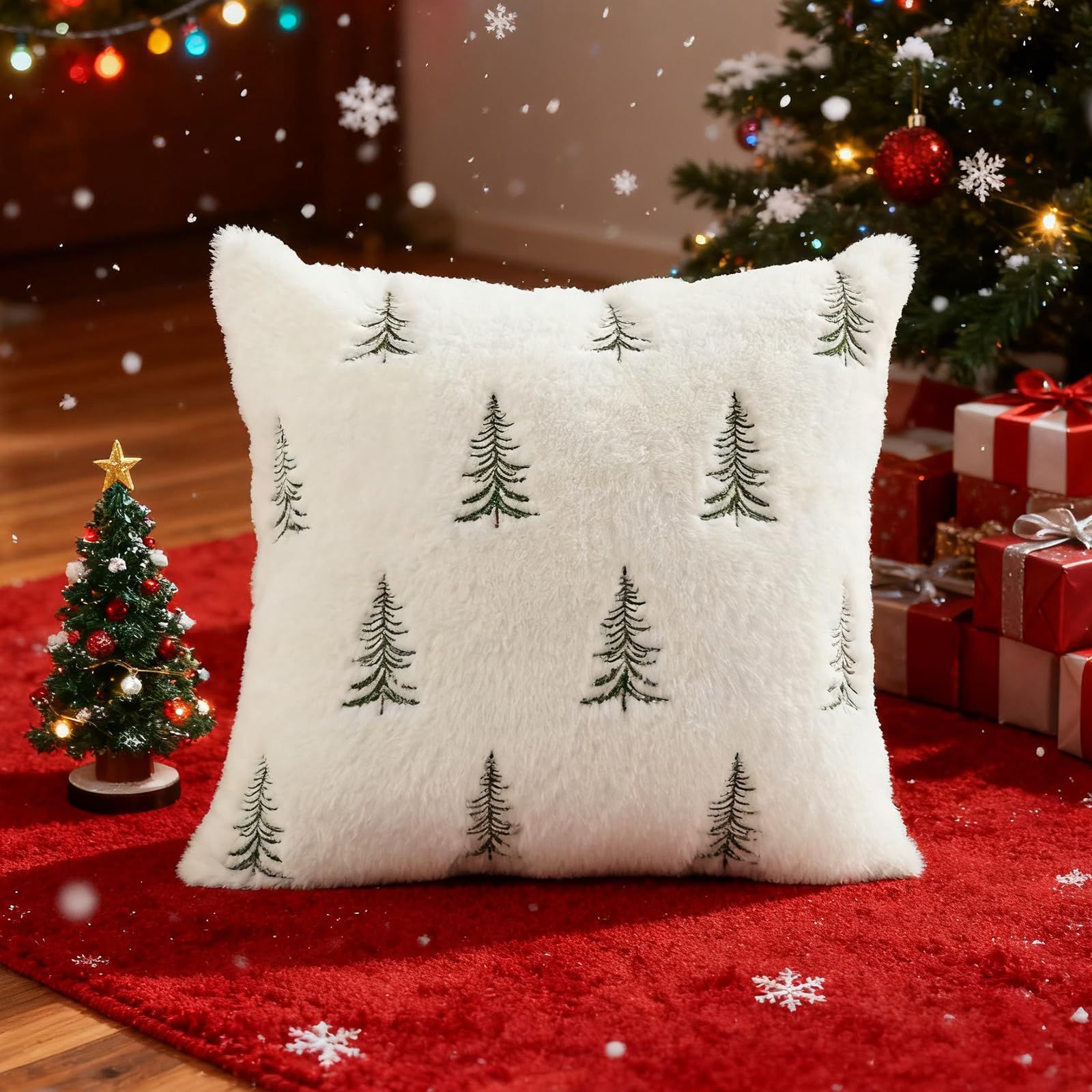 Christmas Pillow Covers 18x18 inch Set of 2 Green Embroidered Christmas Tree Decoration Beige Soft Plush Faux Fur Jacquard Throw Pillows for Bedroom Sofa — image 4