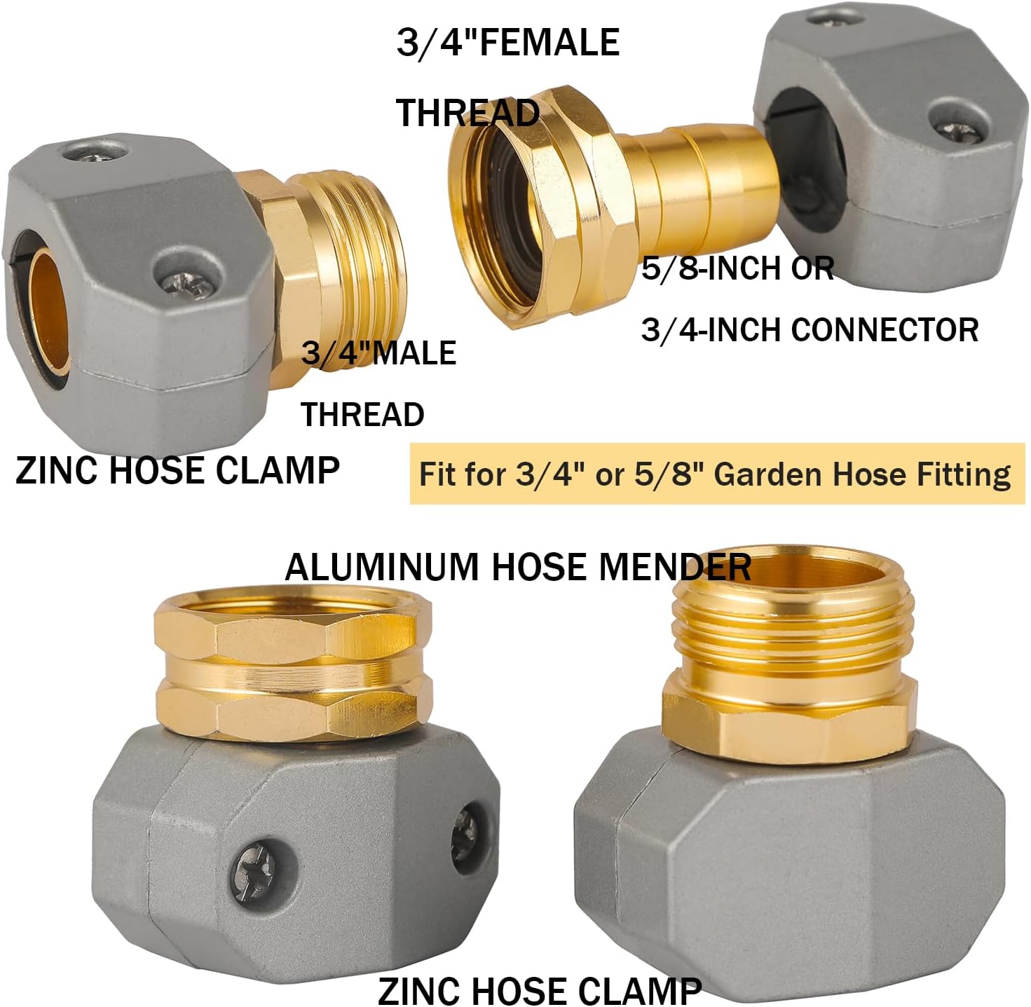 Garden Hose Repair Kits, 3 Sets Aluminum Alloy Water Hose Connector, Fit 3/4" and 5/8" Garden Hose, Male and Female Hose End Repair Fittings Replacement, Hose — image 3