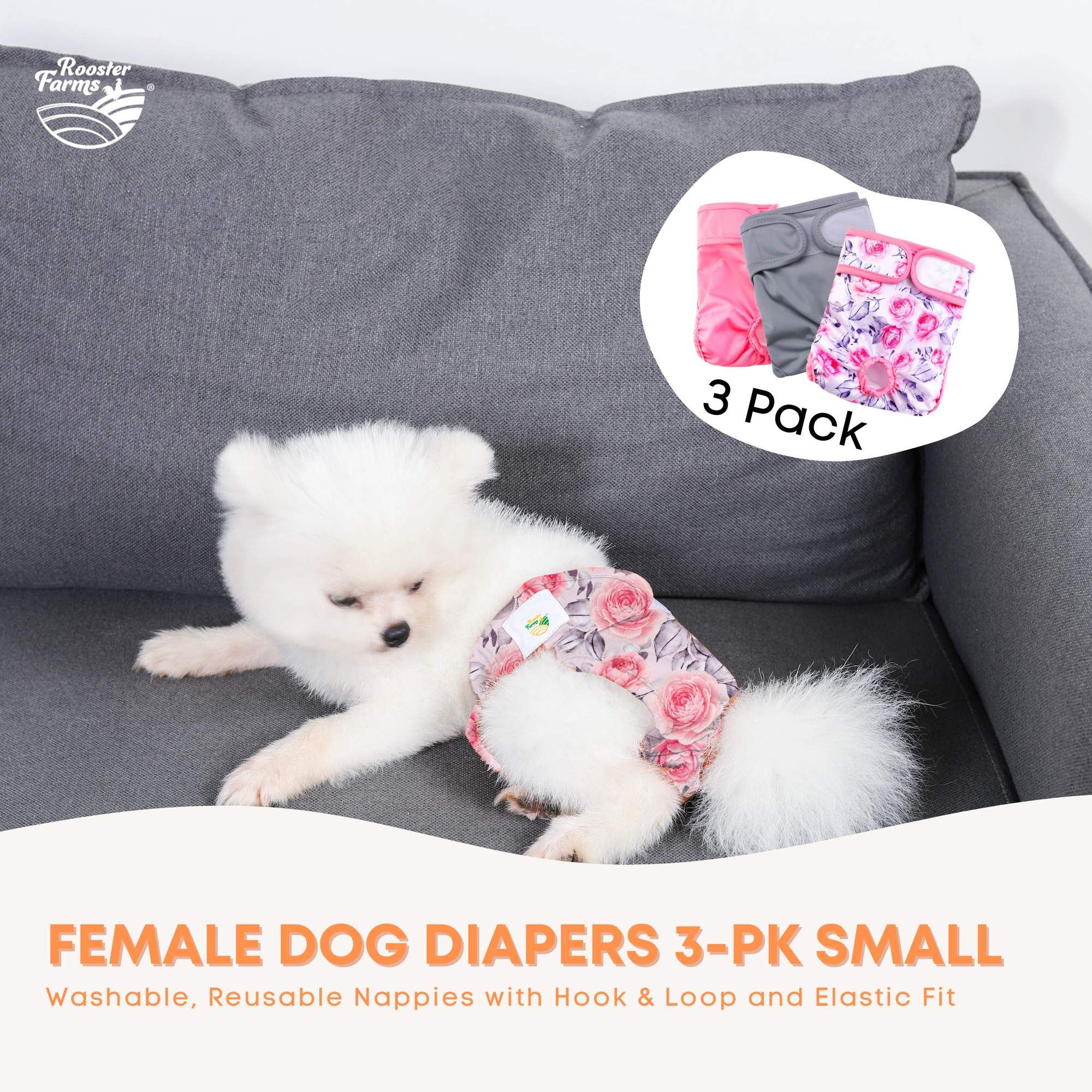 Rooster Farms Female Dog Diapers Small 3Pk - Washable Reusable Nappies Hook/Loop โ image 2