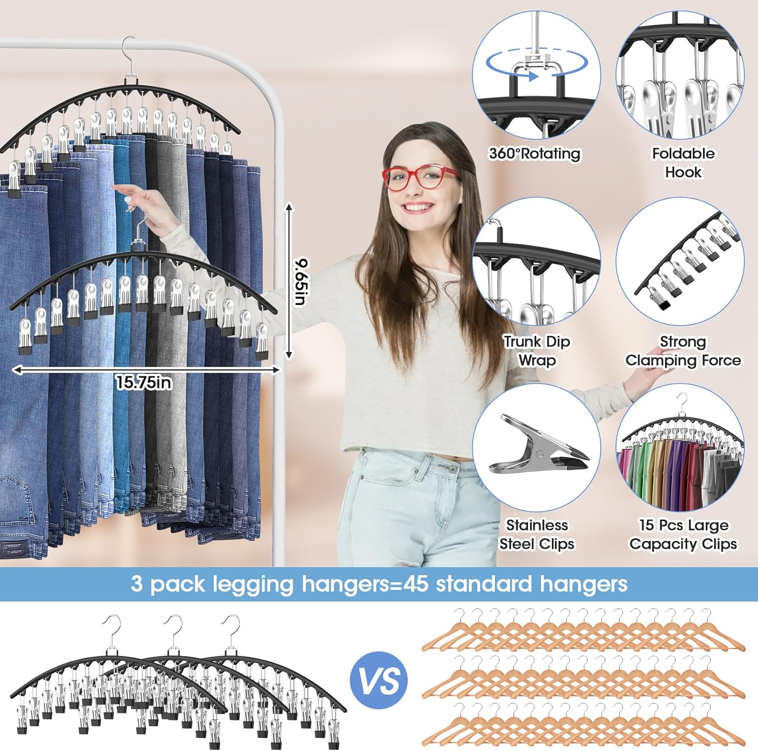 3 Pack Legging Organizer for Closet Hanging, Pants Hangers with Clips Holds 45 Leggings, Shorts, Skirts, Jeans, Hats, Pants Hangers Space Saving Clothes Racks — image 3