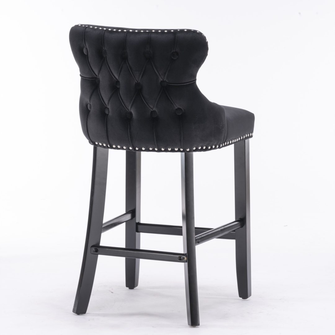 2x Velvet Upholstered Button Tufted Bar Stools with Wood Legs and Studs-Black โ image 5
