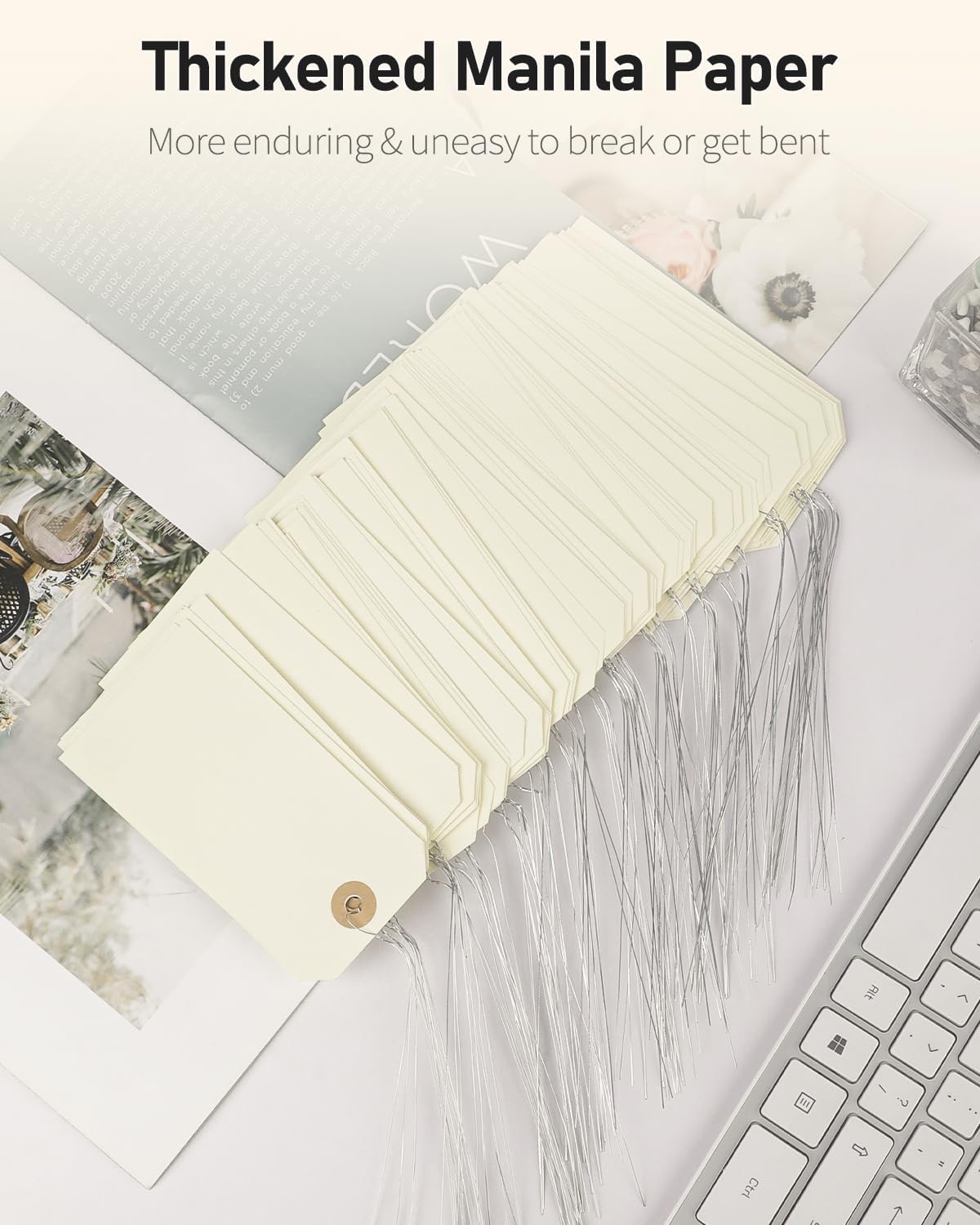 100 Pcs Manila Tags Blank Shipping Tag with Wire Attached 4.7 Inch Paper Hang Tag with Reinforced Eyelet Large Marking Writable Price Tags Inventory Label — image 3