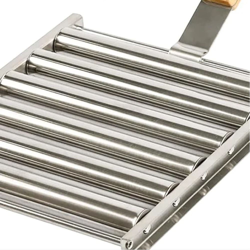 Hot Dog Roller Stainless Steel Sausage Roller Rack with Extra Long Wood Handle, BBQ Hot Dog Griller For Evenly Cooked Hot Dogs