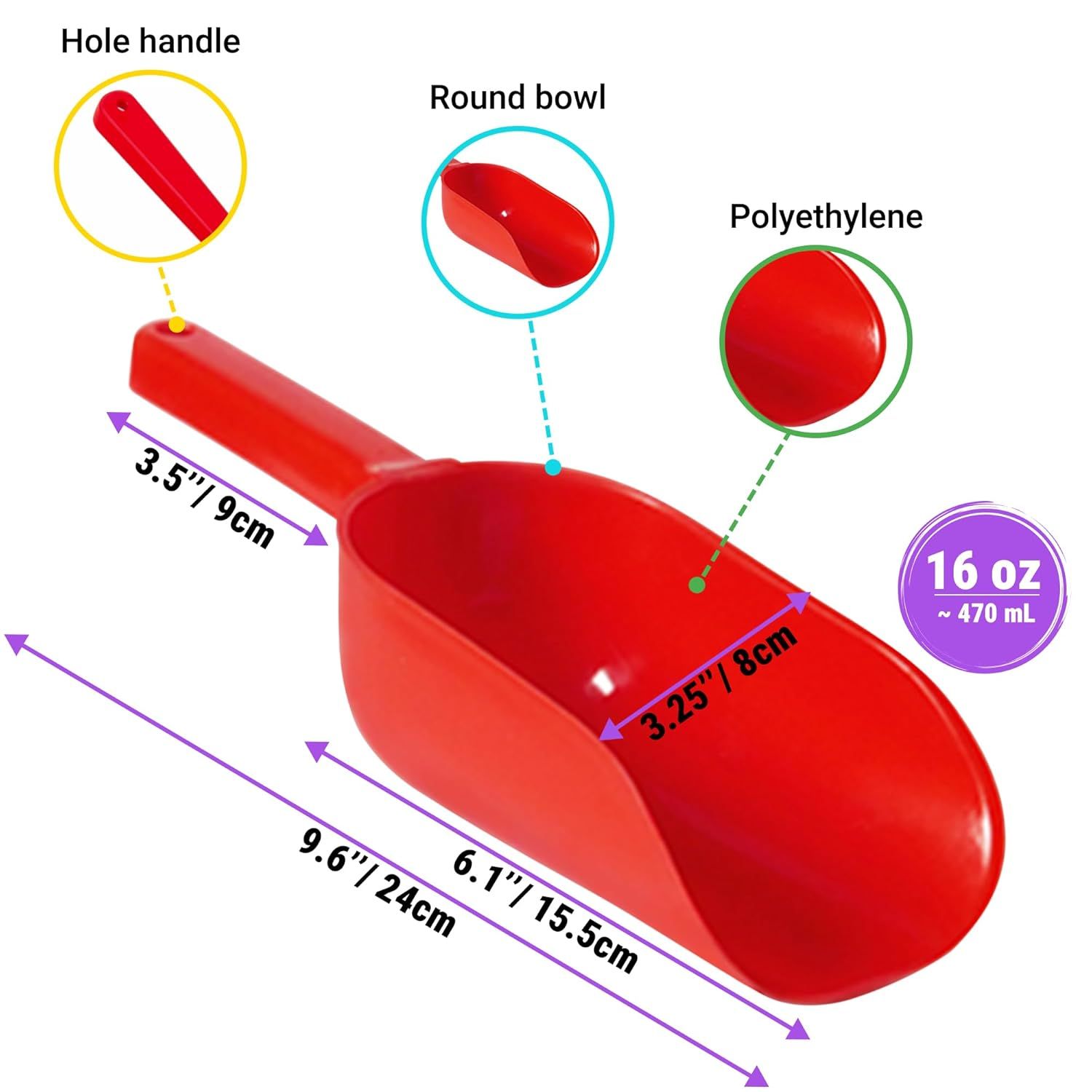(12 + 16 oz) Metal + Red Plastic Concession Popcorn Scoop + 2-pcs 10 Ounce Salt Pepper Dredge Shakers (Medium Holes) with Lids and Handles Bundle — image 3