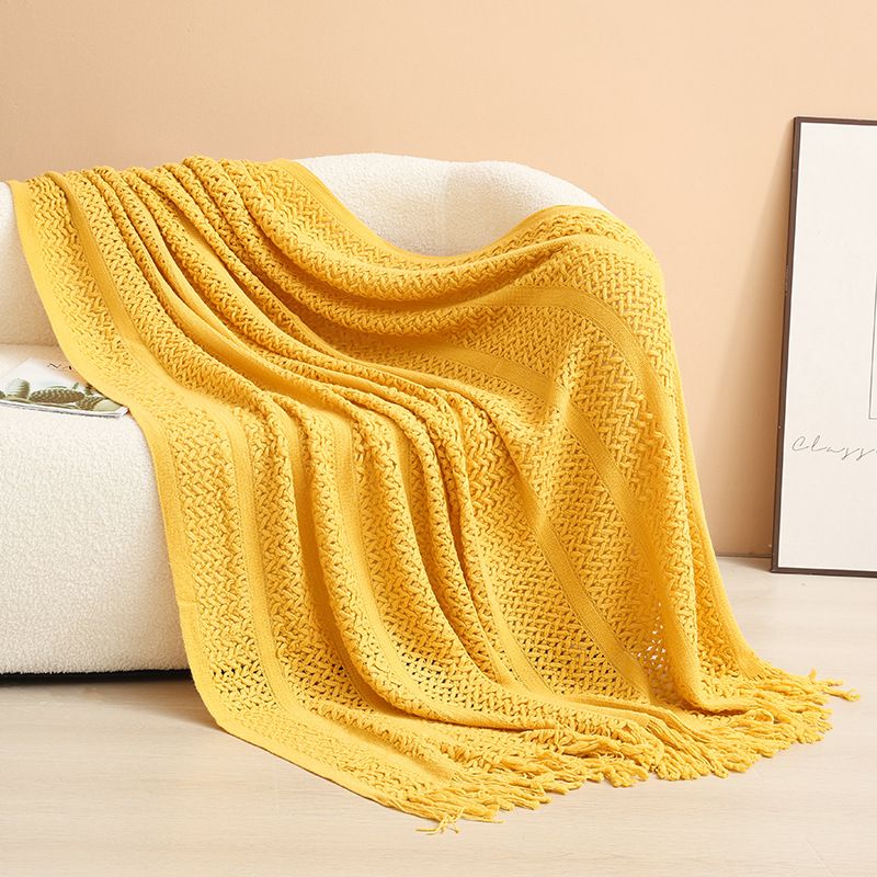Yellow Elegant Openwork Knitted Throw Blanket with Tassels - 127 × 180cm Large Decorative Soft Sofa Blanket for Living Room & Bedroom - Breathable Cozy Cover
