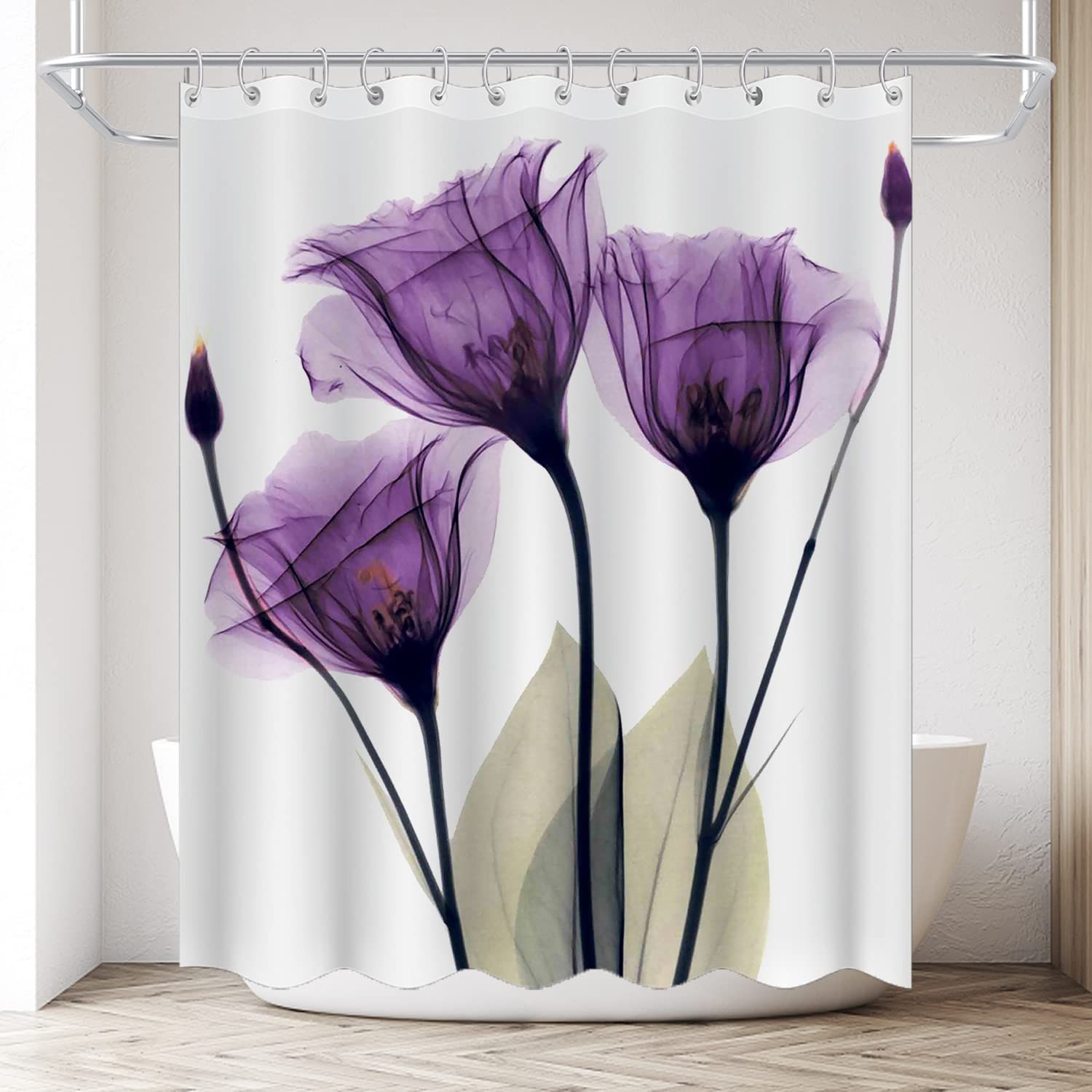 Purple Shower Curtain Tulip, Waterproof Shower Curtain, Bathroom Decorative Shower Curtains with Hooks, 72 Inch x 79 Inch