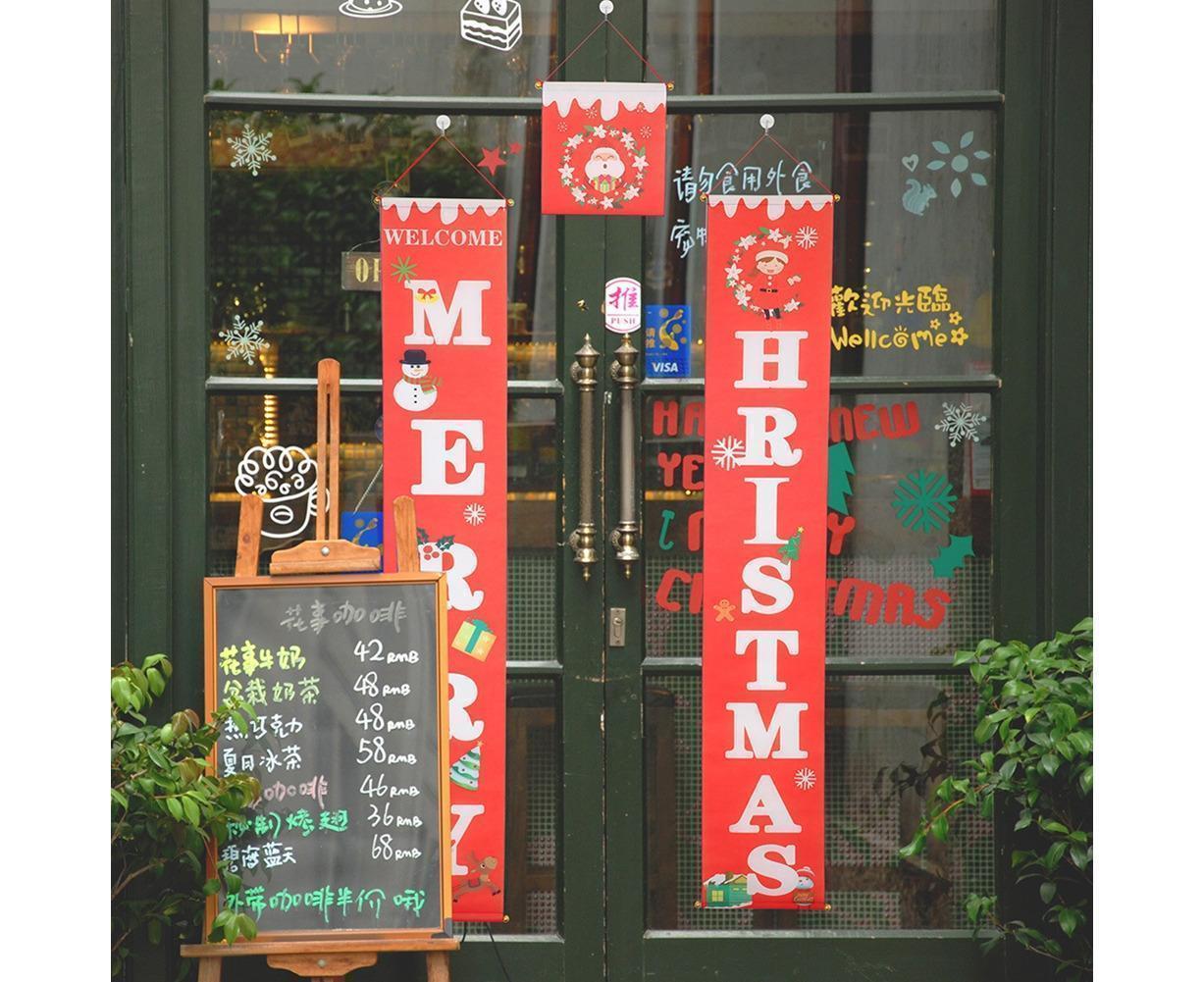 Merry Christmas Santa Elk Snowman Print Hanging Banner Sign Flag Xmas Door Decor-Red โ image 4
