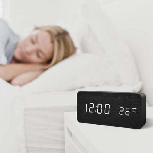 Digital LED Alarm Clock with USB Charger, Silent Wooden Clock for Bedrooms and Travel, 12/24h LCD Display, White — image 4