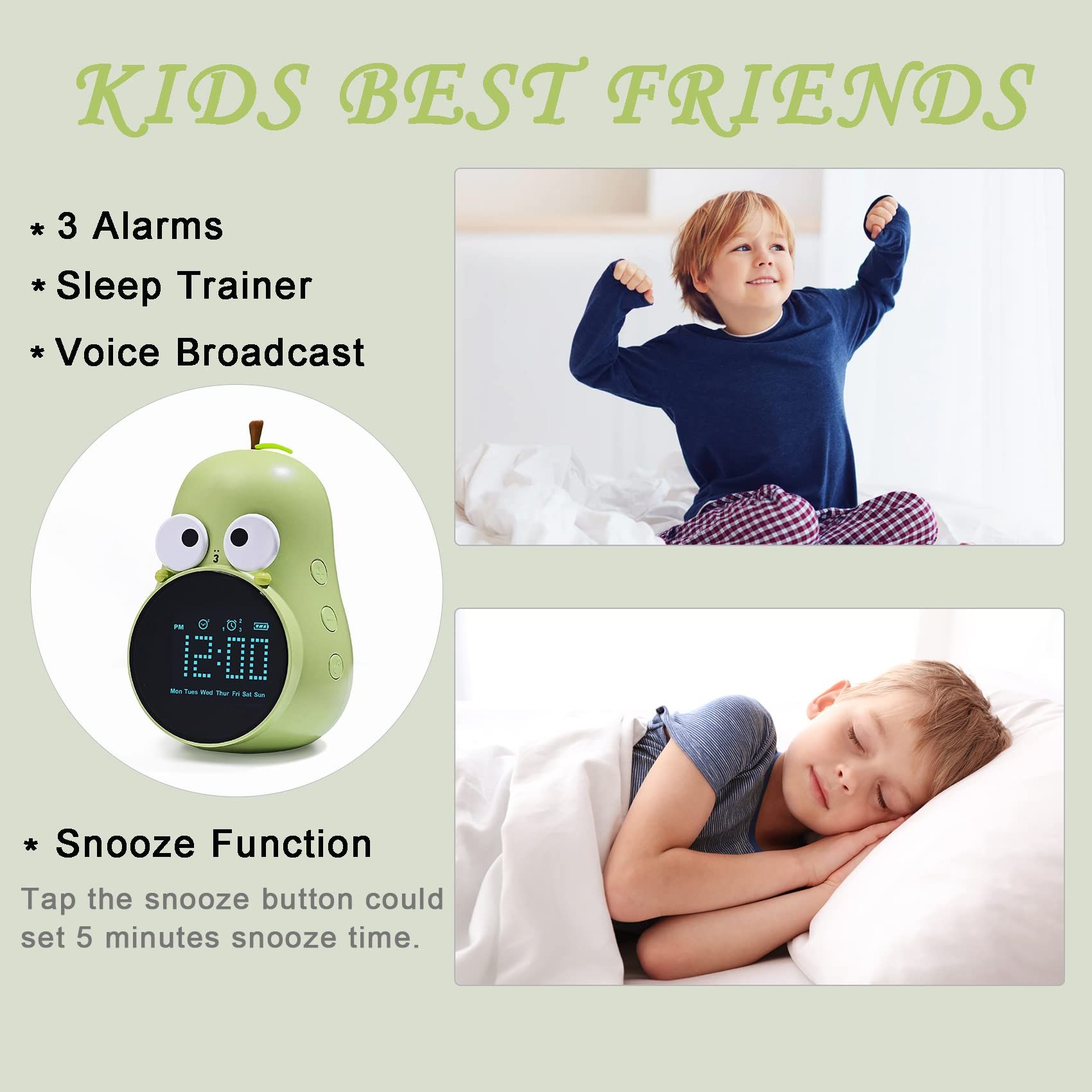 Alarm Clock for Kids: Cute Pear Design, Triple Alarms, 5 Ringtones- Premium Digital Wake Up Clock for Children's Bedrooms — image 5