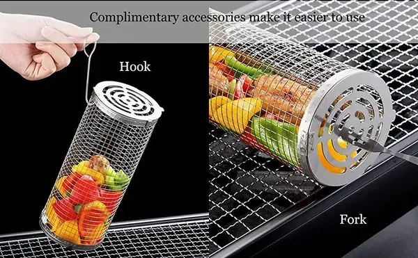 2 Pack Stainless Steel Rolling Grill Baskets with Hooks and Forks for Vegetables, Seafood, Camping and Home BBQ, Silver, 31 cm and 21 cm — image 2