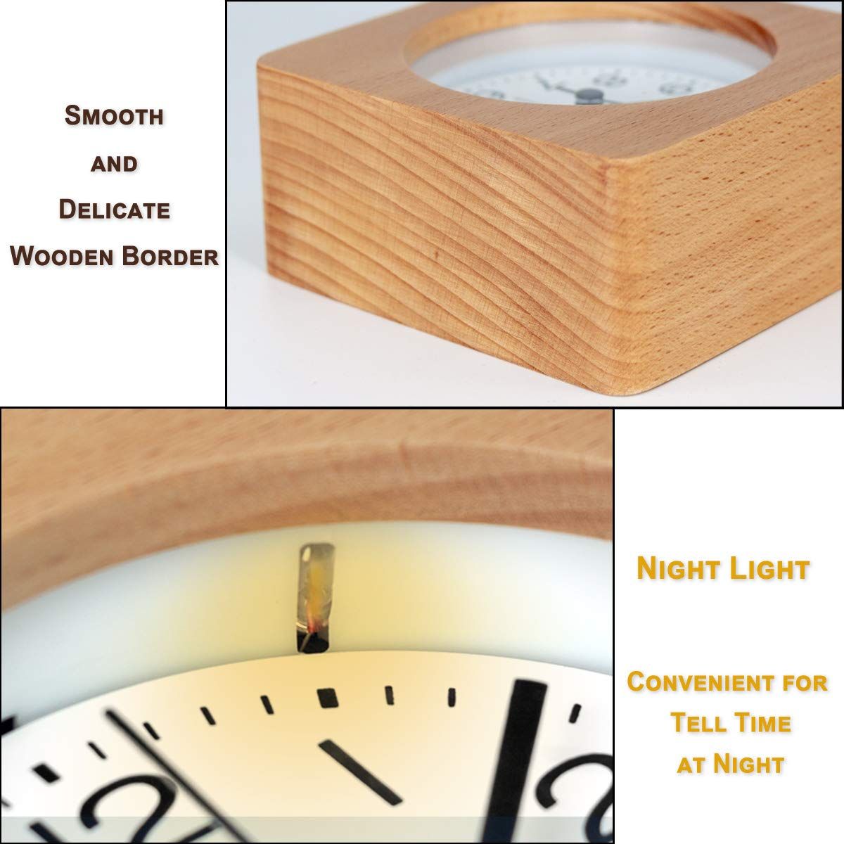 Square Wooden Alarm Clock with Arabic Numerals, Non-Ticking Silent, Backlight, Battery Operated, Nature — image 4