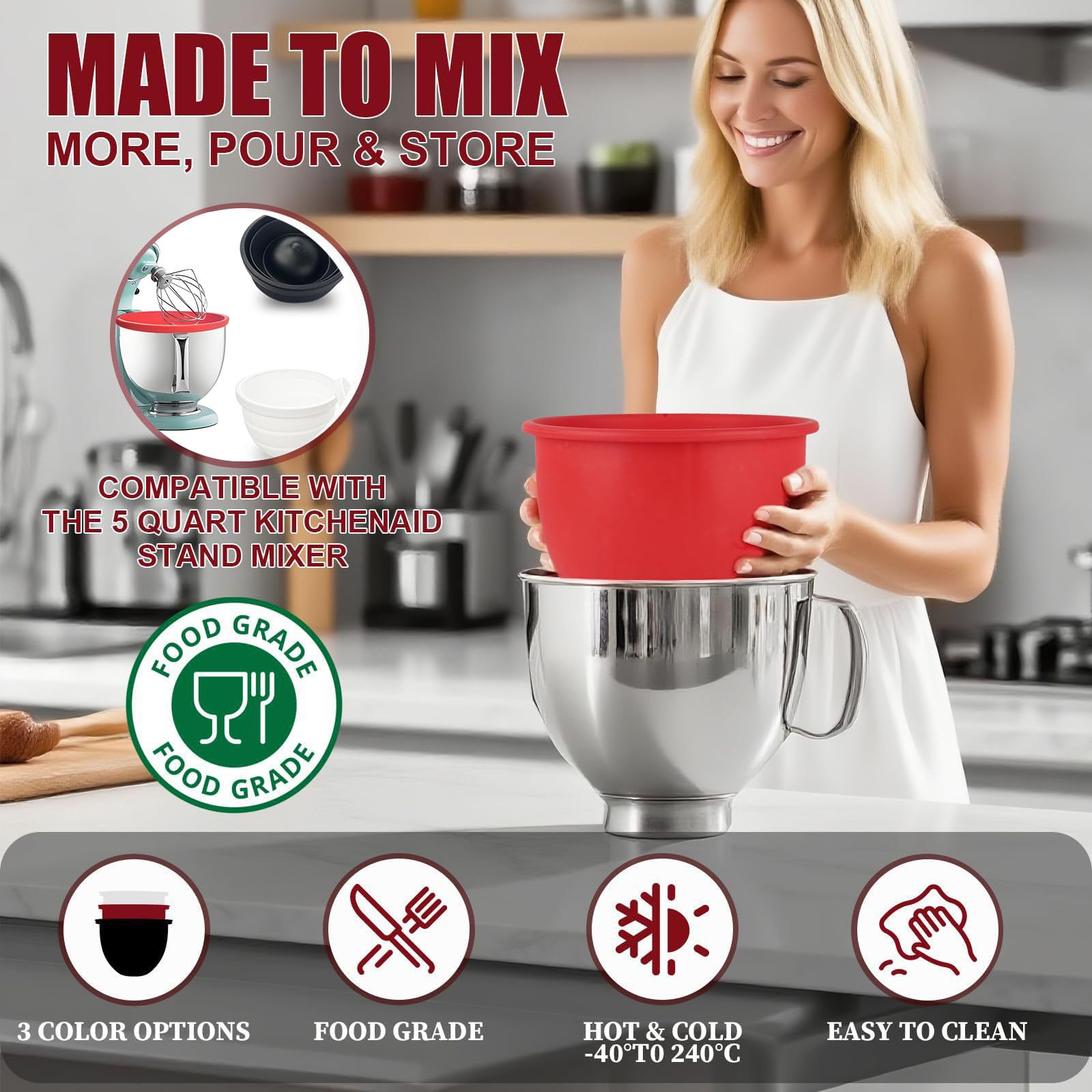 Silicone Bowl Liner for 4.5–5-Quart Stand Mixer – Food-Grade, Collapsible, Non-Stick Replacement Inner Bowl with Lid, Dishwasher Safe, Oven & Fridge Ready — image 6