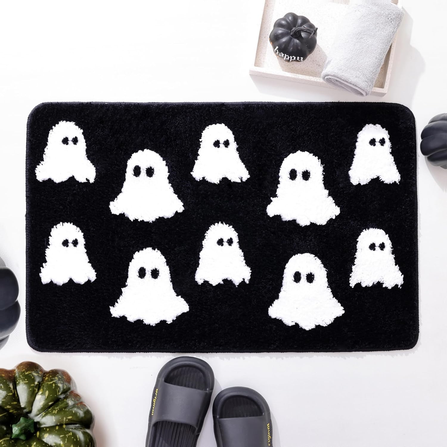 Halloween Bath Mat Spooky Ghosts Gothic Home Decor Black Rugs for Non Slip, Spooky Goth Gift Cute Shower Rug for Bathroom, Bedroom, Living Home Decoration, 20