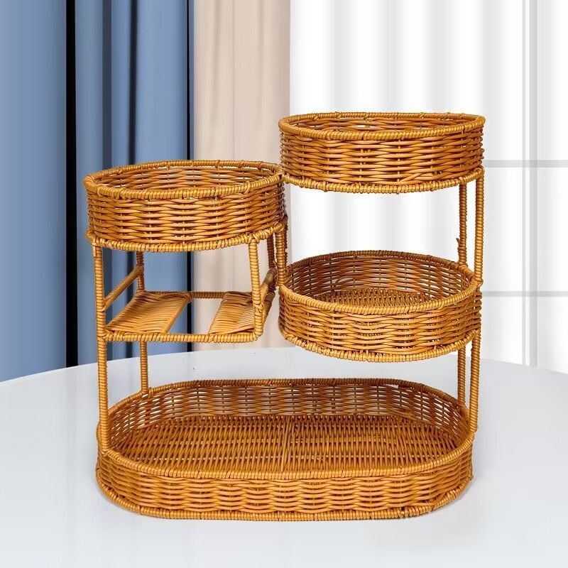 Imitation Rattan Fruit Basket Multi-Layer Fruit Basket Snack Storage Candy - Light Brown - Size L โ image 2