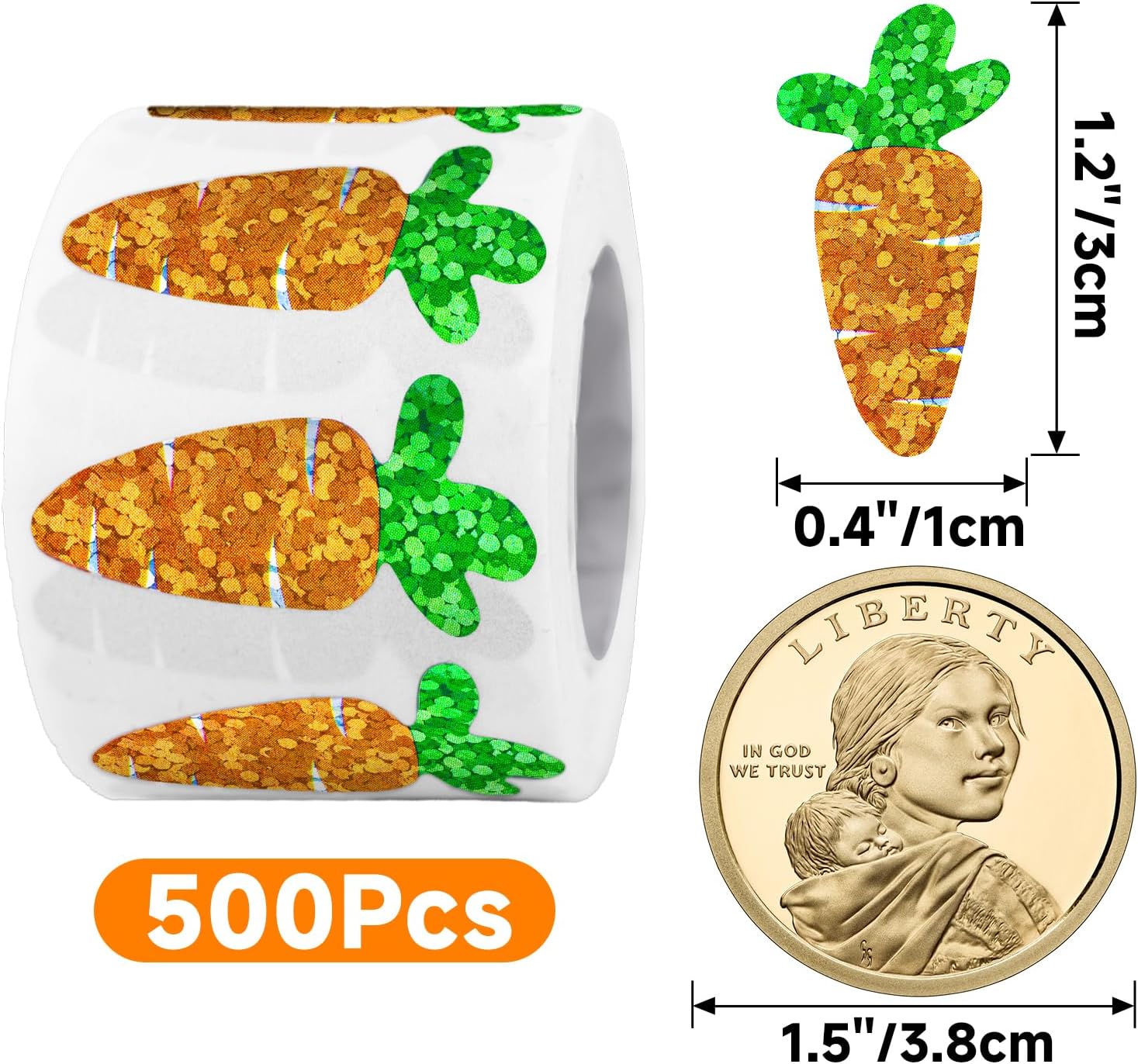 Easter Carrot Stickers - 500Pcs 1.2 × 0.4'' Carrot Shape Stickers Holographic Carrots Sticker Roll Self Adhesive Happy Easter Sticker for Egg Basket Envelope — image 2