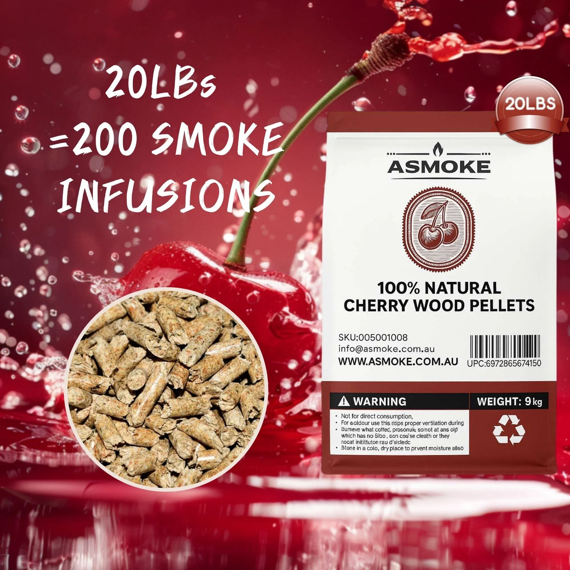 ASMOKE 100% Natural Cherry Wood BBQ Smoker Pellets (9kg / 20lbs) — image 4