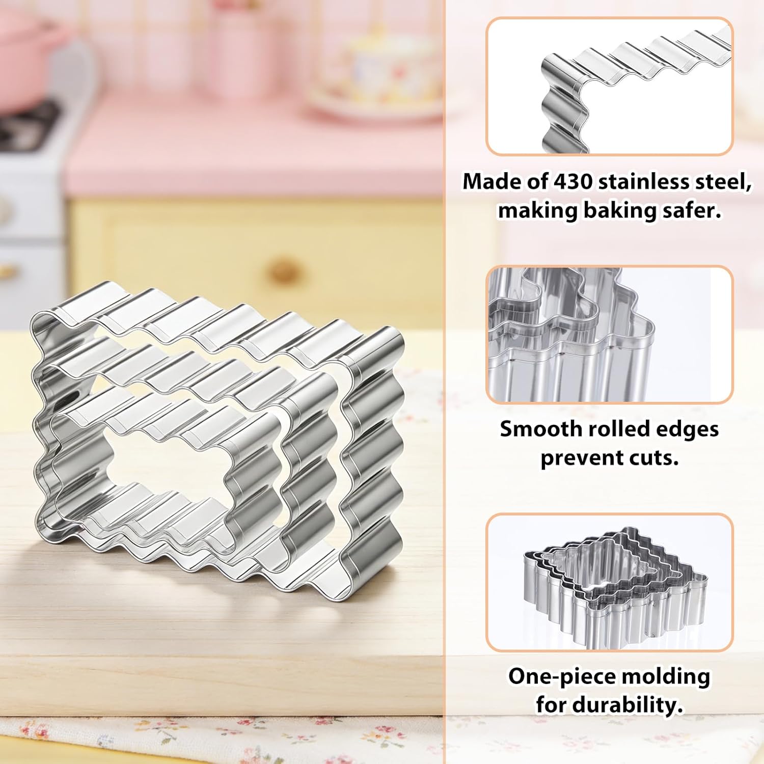 6 Pcs Scalloped Cookie Cutter Set, Square Cookie Cutter, Wavy Rectangle Cookies Cutters Set Scalloped Cutters Reusable Cookies Mold with Jagged Edge Design for โ image 2