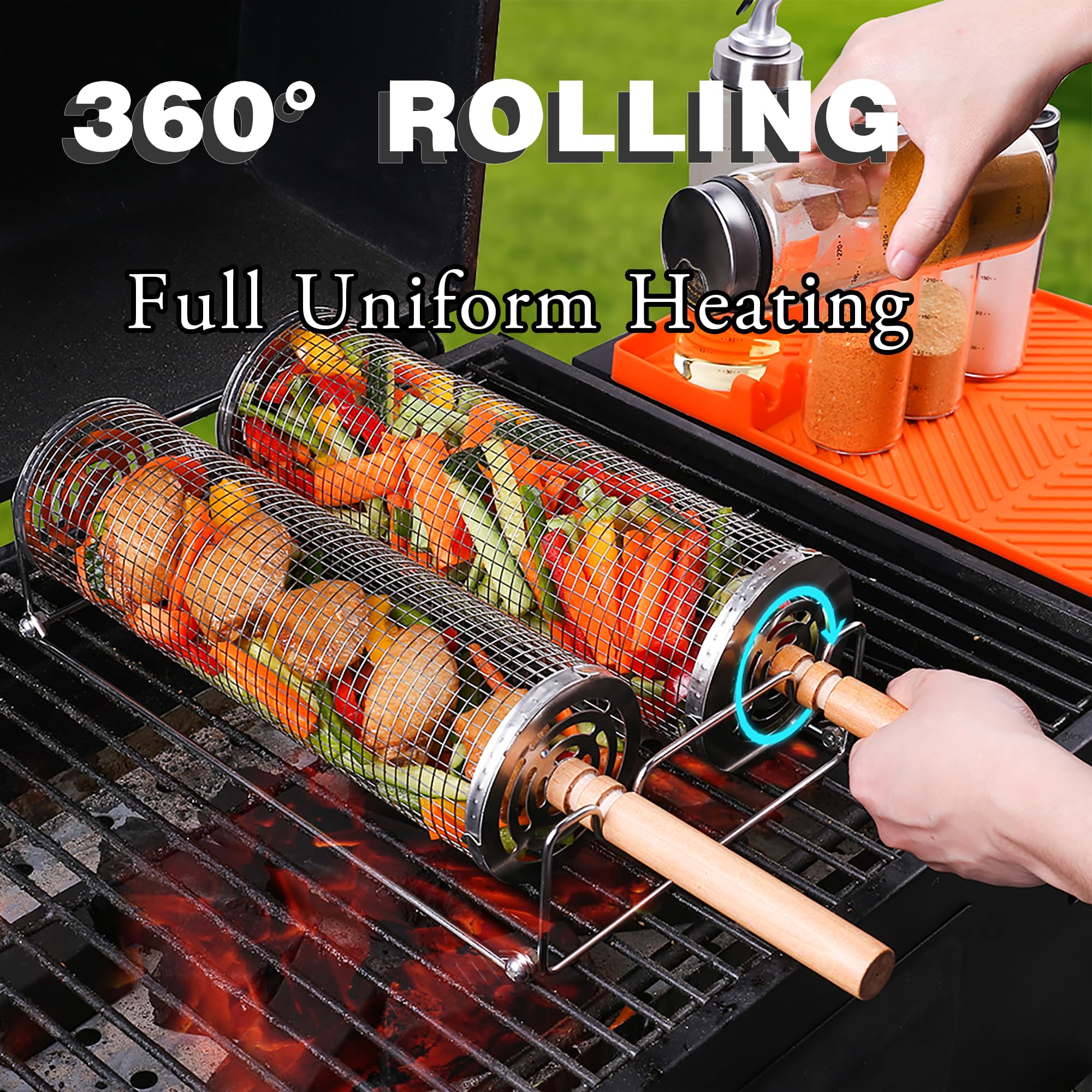 Rolling Grill Basket Set with Removable Wooden Handle – 304 Stainless Steel BBQ Rotating Cage for Meat, Vegetables & Seafood (Grey) — image 3