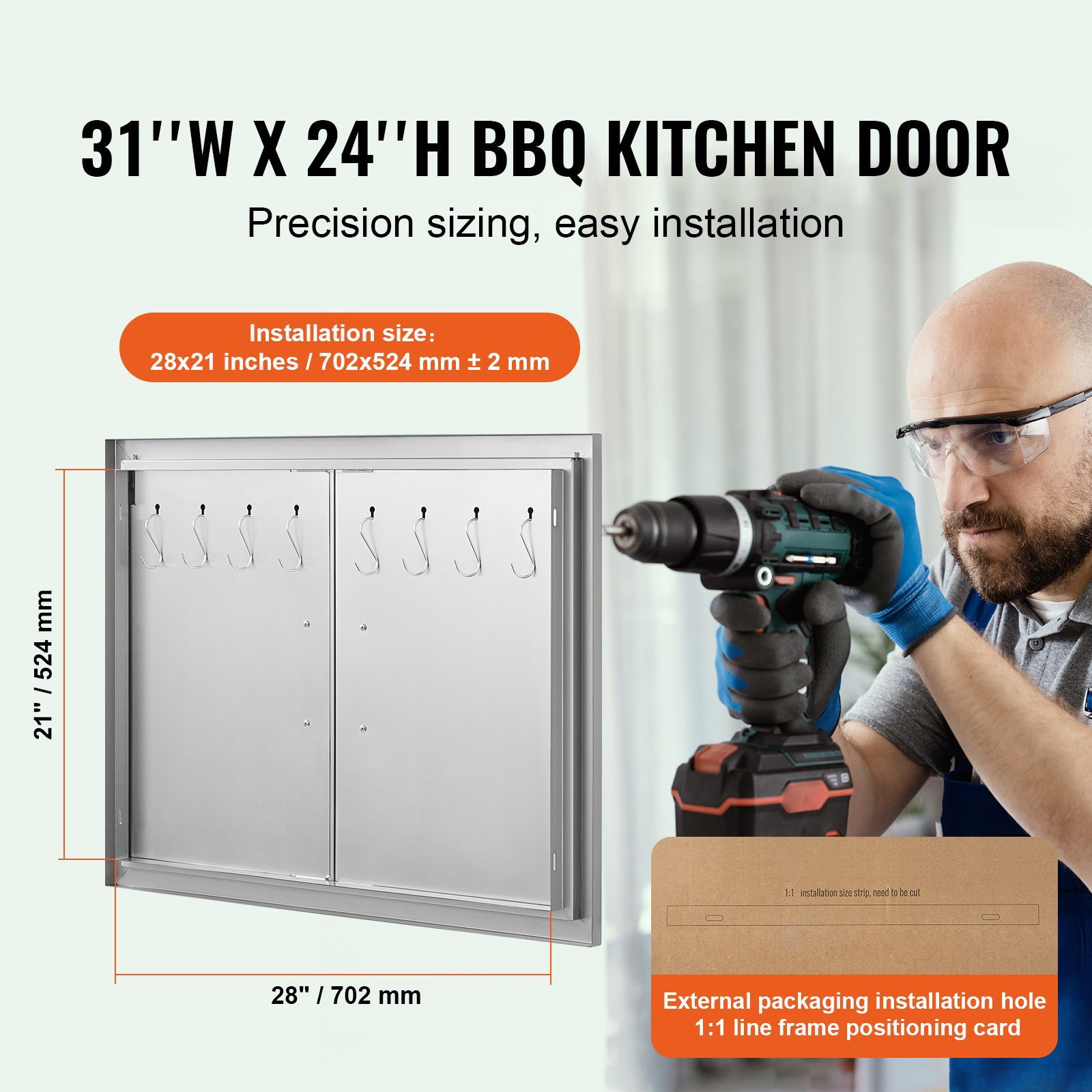 BBQ Access Door, 787 × 609 mm Double Outdoor Kitchen Door, Stainless Steel Flush Mount Door, Double Wall Vertical Door with Handles and Hooks, for BBQ Island — image 2