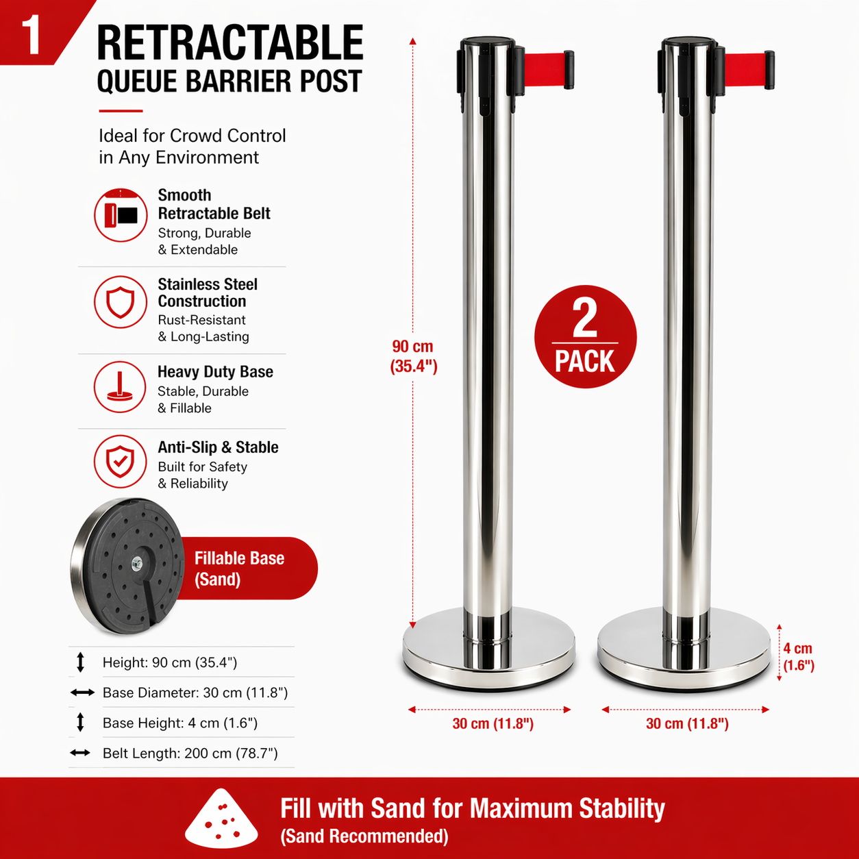 2 Pack Queue Barrier Stanchion Posts Retractable Belt Crowd Control Safety Barrier Silver Red โ image 2