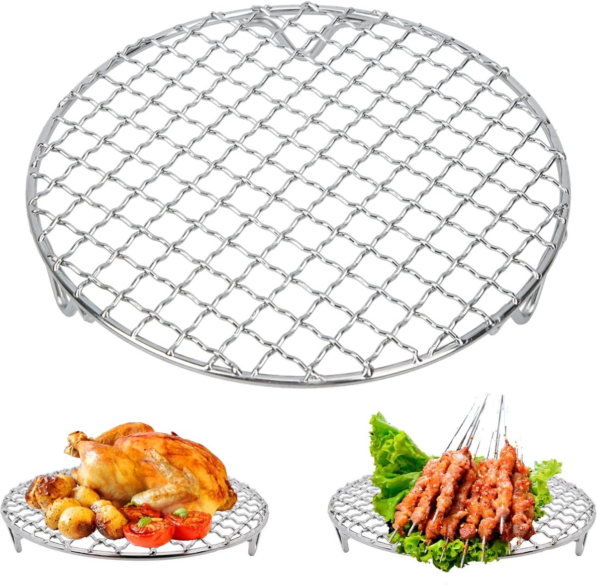Grill - Grill grate - Grill accessories - Stainless steel grill - Round grill - Cooking and cooling rack - With support legs - For outdoor grilling - Silver