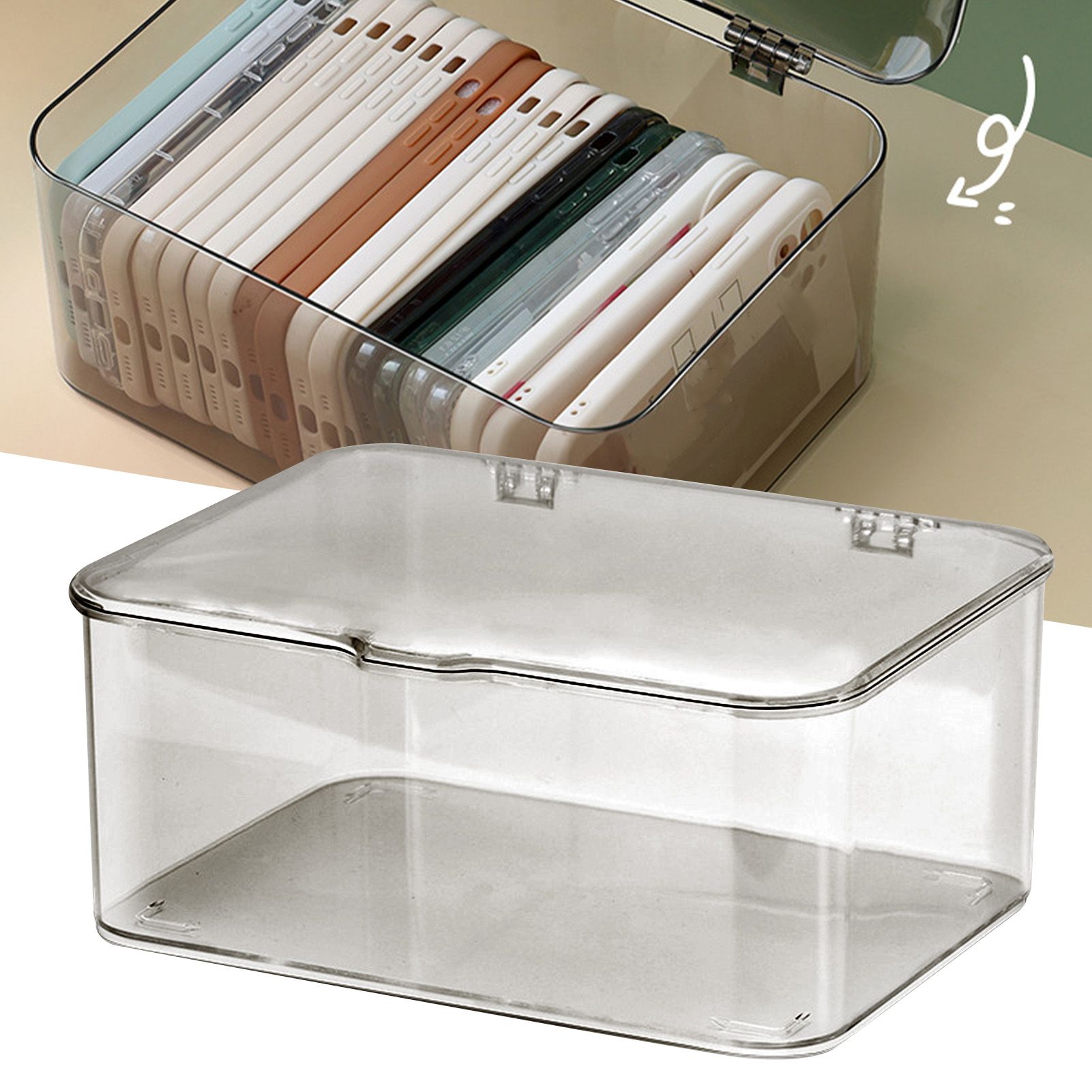 Desk Storage Box Plastic Large Capacity Dustproof Multi Functional Phone Case Storage Holder with Lid Light Gray โ image 5