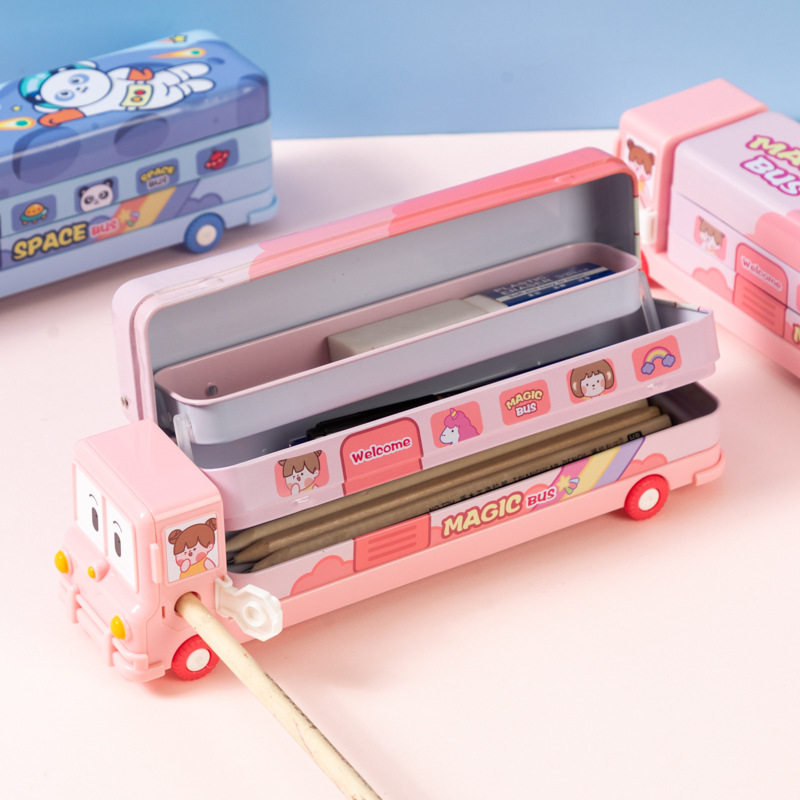 2-pcs Pink Fun School Bus Pencil Box with Built-in Sharpener - 3 Layer Large Capacity Stationery Box for Kids โ image 3